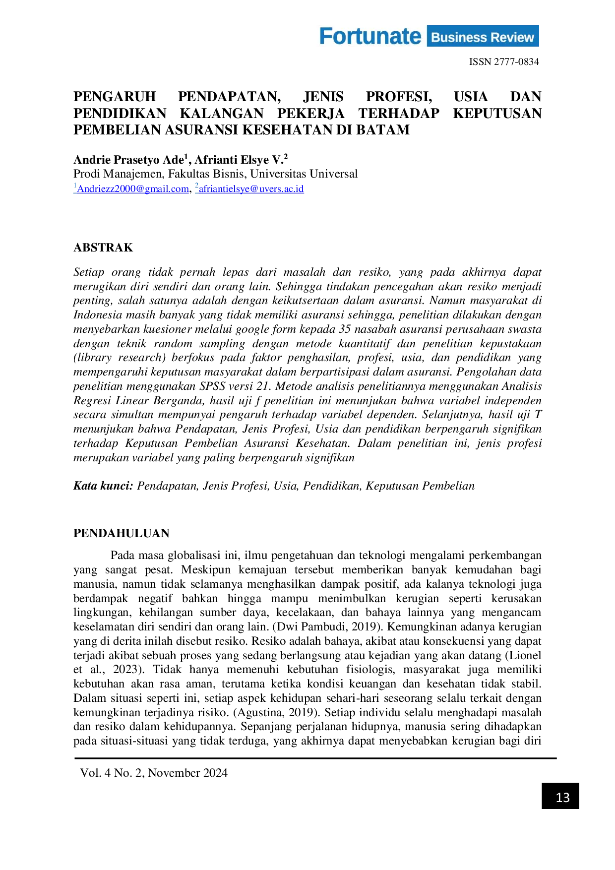 JURIS Pengaruh Profesi Usia Dan Pendidikan Kalangan Pekerja Terhadap Keputusan Pembelian Asuransi Kesehatan Di Batam
