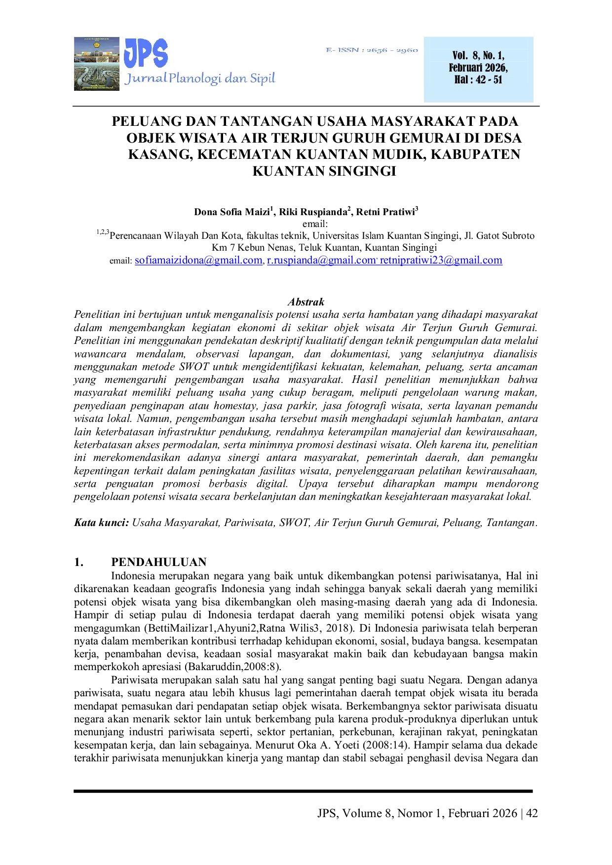 JURIS Peluang Dan Tantangan Usaha Masyarakat Pada Objek Wisata Air Terjun Guruh Gemurai Di Desa Kasang Kecamatan Kuantan Mudik Kabupaten Kuantan Singingi