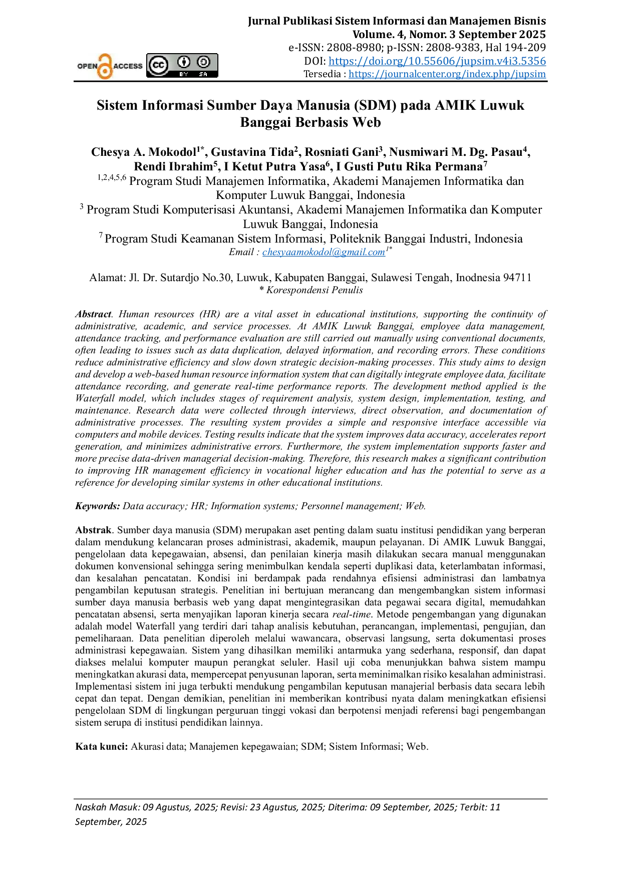 JURIS Sistem Informasi Sumber Daya Manusia SDM pada AMIK Luwuk Banggai Berbasis Web