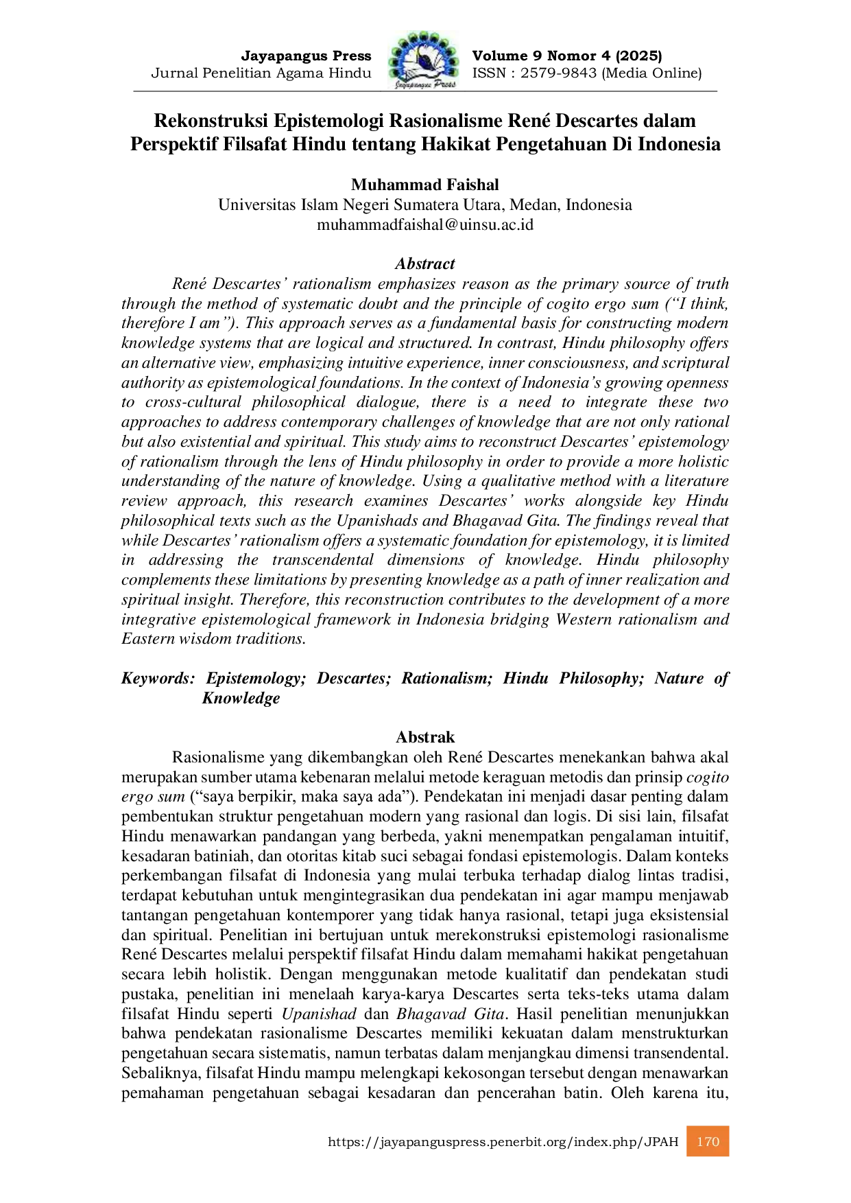 JURIS Rekonstruksi Epistemologi Rasionalisme Ren Descartes dalam Perspektif Filsafat Hindu tentang Hakikat Pengetahuan di Indonesia