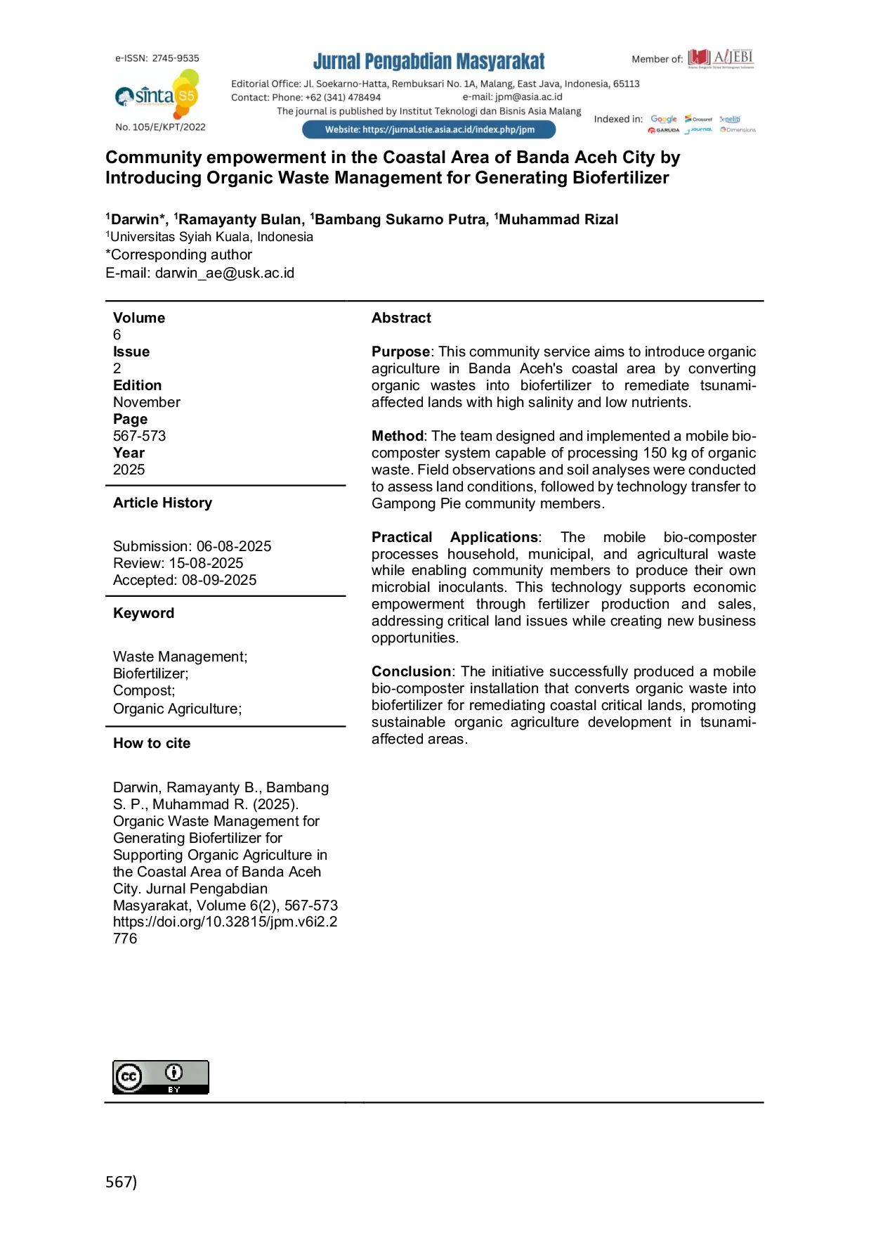JURIS Community empowerment in the Coastal Area of Banda Aceh City by Introducing Organic Waste Management for Generating Biofertilizer