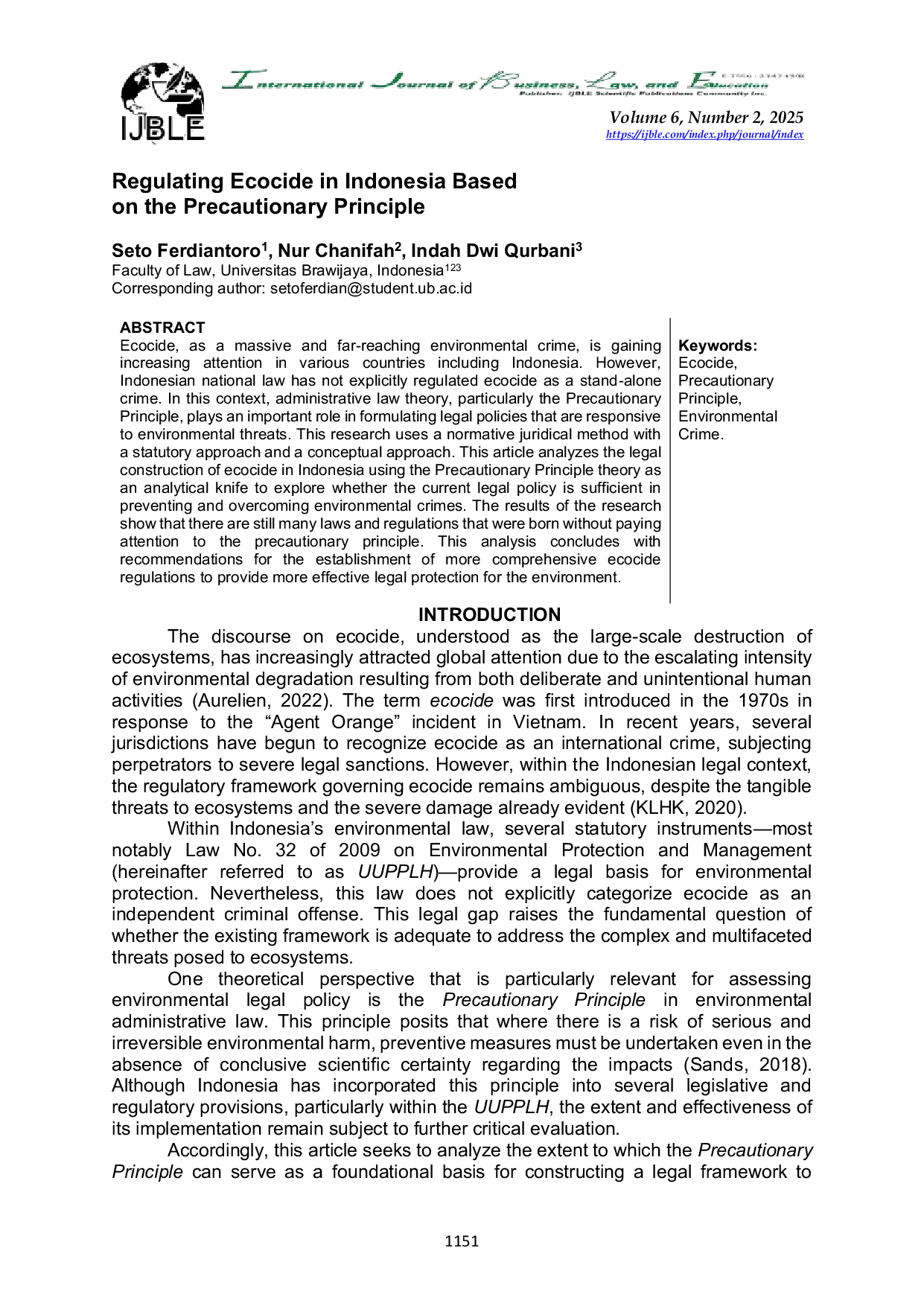 JURIS Regulating Ecocide in Indonesia Based on the Precautionary Principle