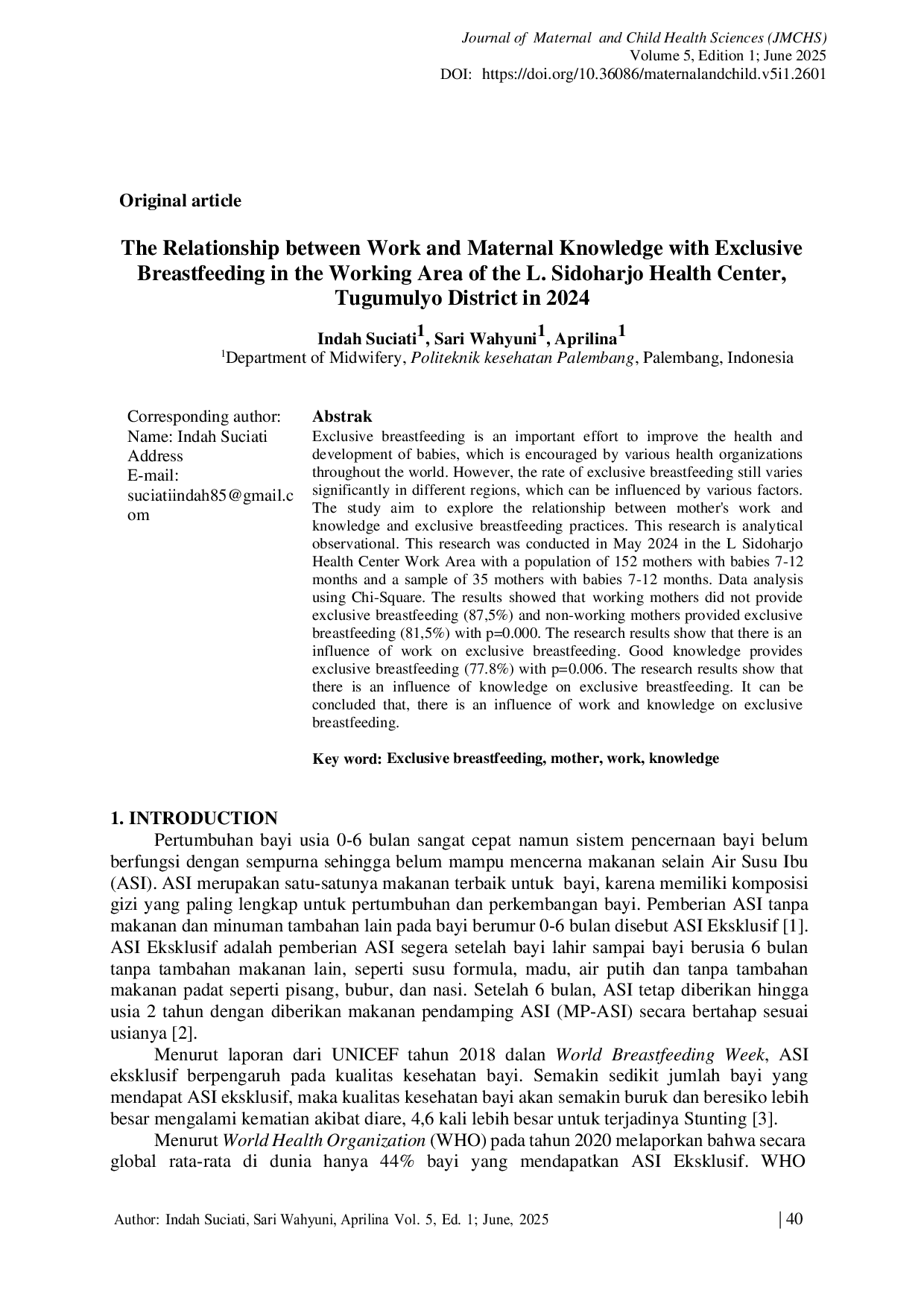 JURIS The Relationship between Work and Maternal Knowledge with Exclusive Breastfeeding in the Working Area of the Health Center