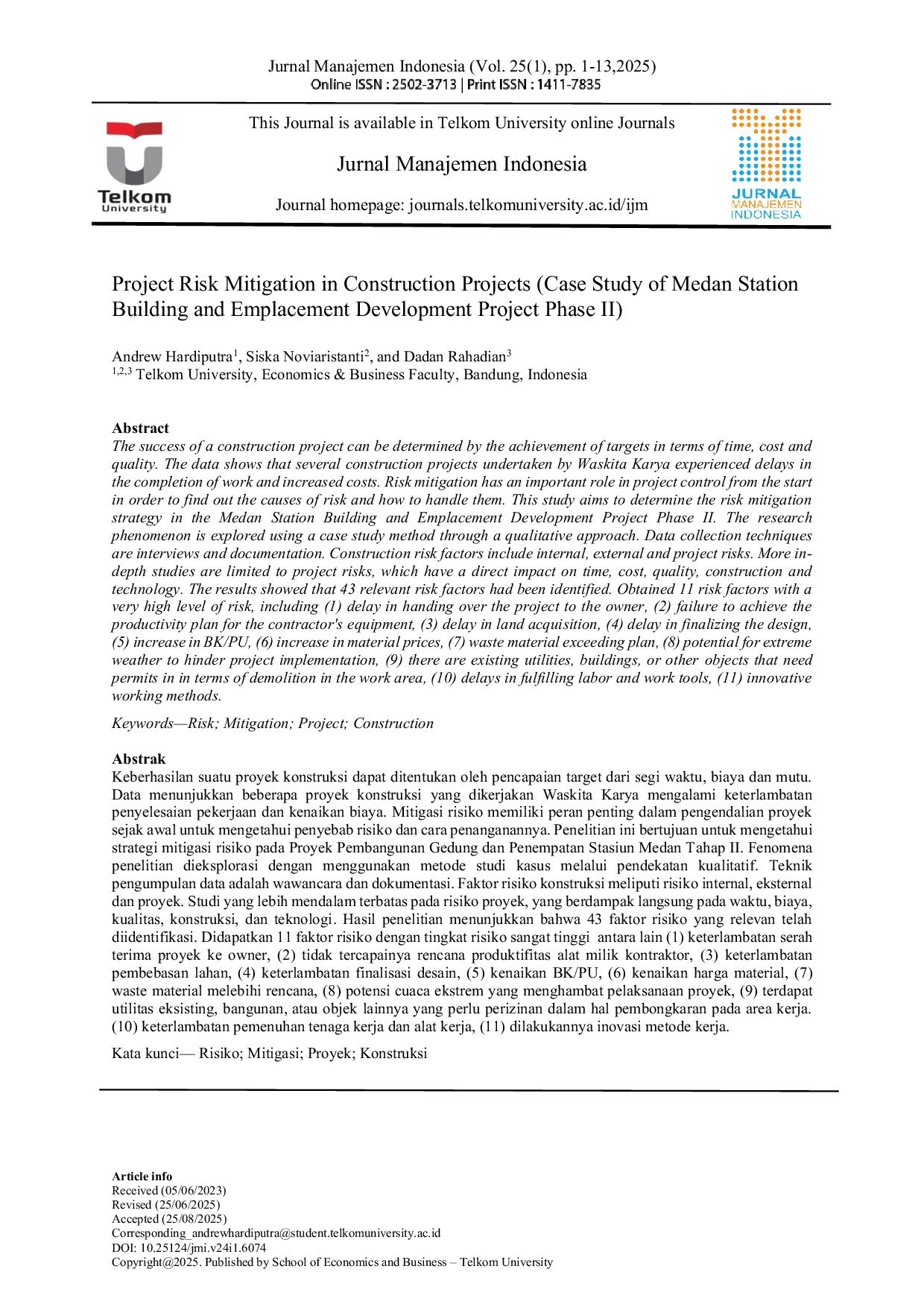 JURIS Project Risk Mitigation in Construction Projects Case Study of Medan Station Building and Emplacement Development Project Phase II