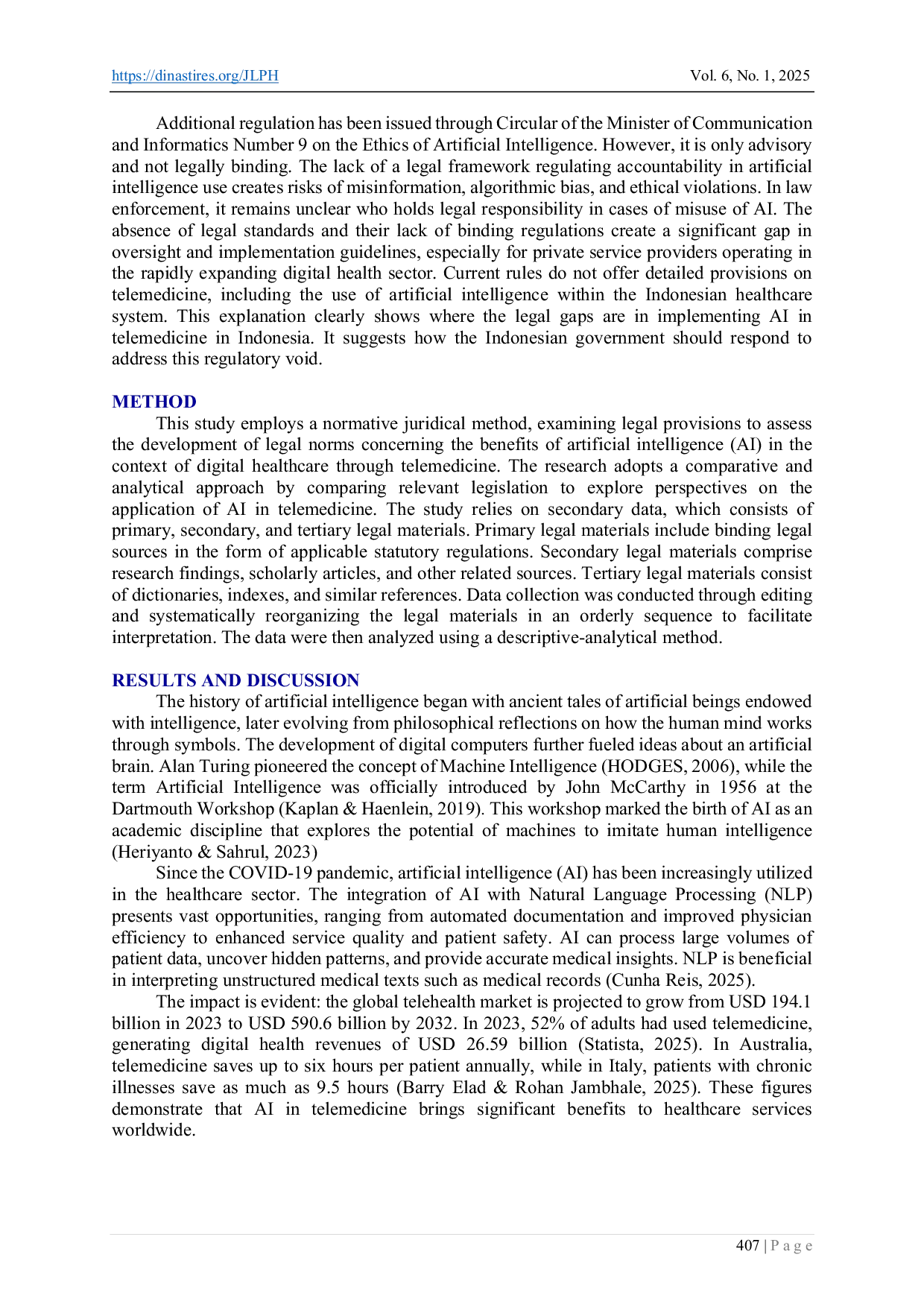 JURIS Artificial Intelligence in Telemedicine Regulatory Challenges and Legal Accountability in Indonesia