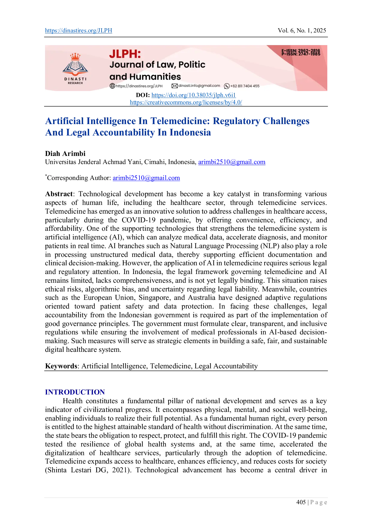 JURIS Artificial Intelligence in Telemedicine Regulatory Challenges and Legal Accountability in Indonesia
