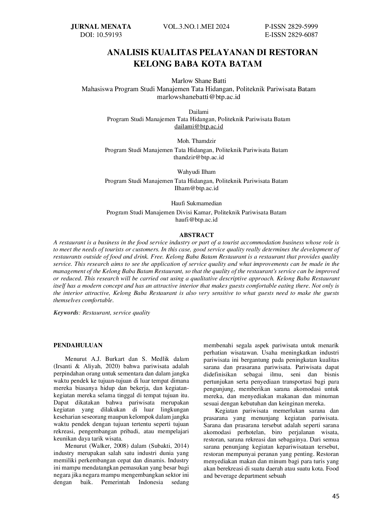 JURIS Analisis Kualitas Pelayanan di Restoran Kelong Baba Kota Batam