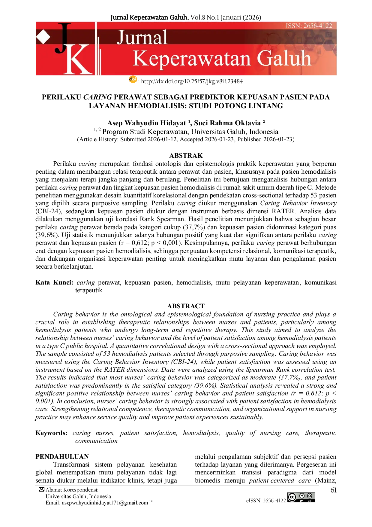 JURIS Perilaku Caring Perawat Sebagai Prediktor Kepuasan Pasien pada Layanan Hemodialisis Studi Potong Lintang