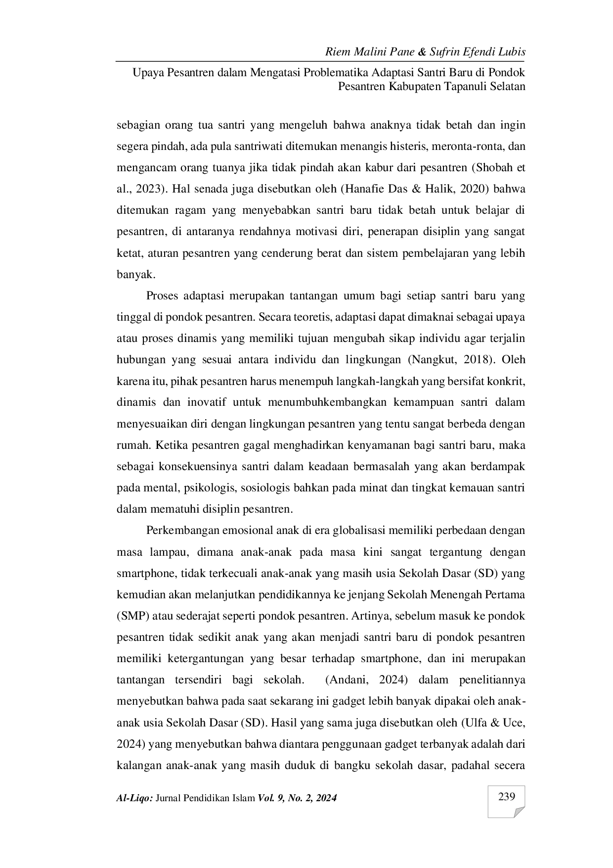 JURIS Upaya pesantren dalam mengatasi problematika adaptasi santri baru di pondok pesantren kabupaten Tapanuli Selatan