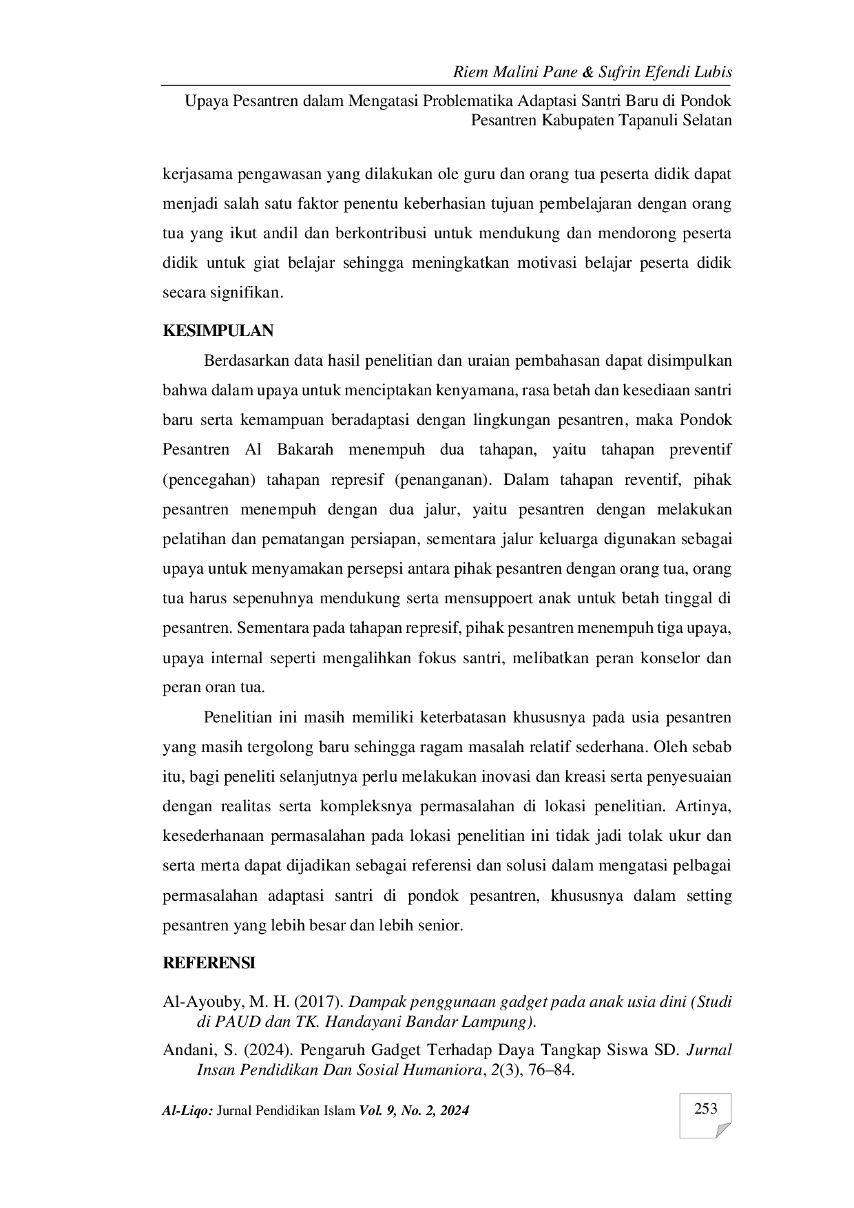 JURIS Upaya pesantren dalam mengatasi problematika adaptasi santri baru di pondok pesantren kabupaten Tapanuli Selatan