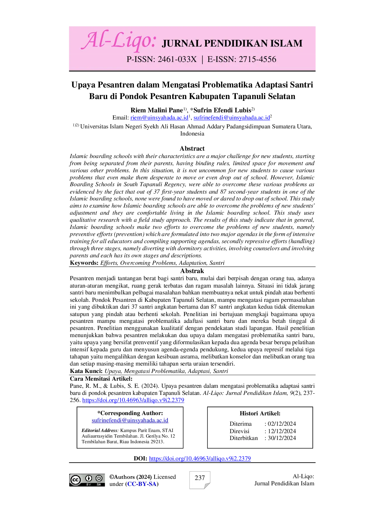JURIS Upaya pesantren dalam mengatasi problematika adaptasi santri baru di pondok pesantren kabupaten Tapanuli Selatan