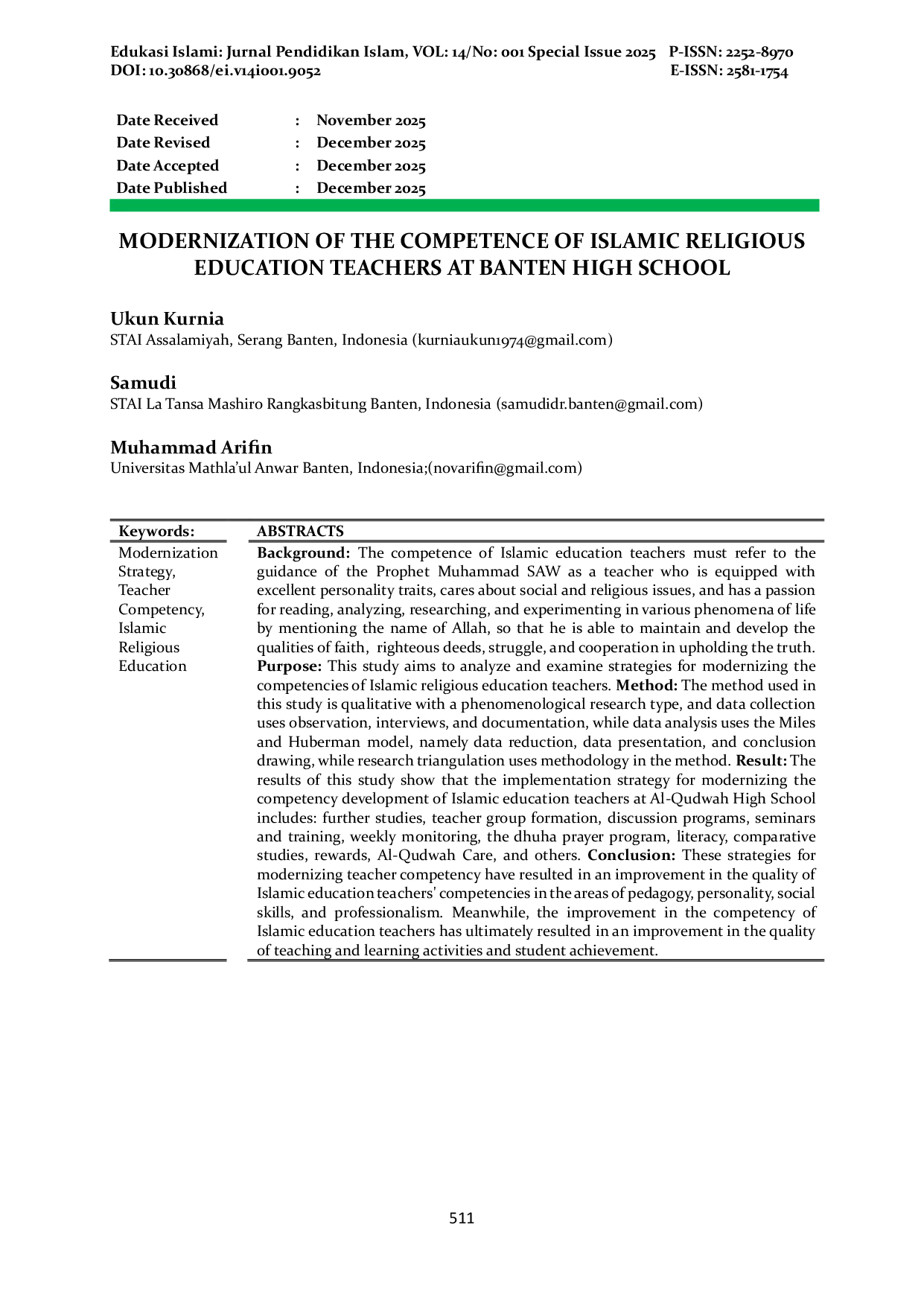 JURIS Modernisasi Kompetensi Guru Pendidikan Agama Islam di Sekolah Menengah Banten