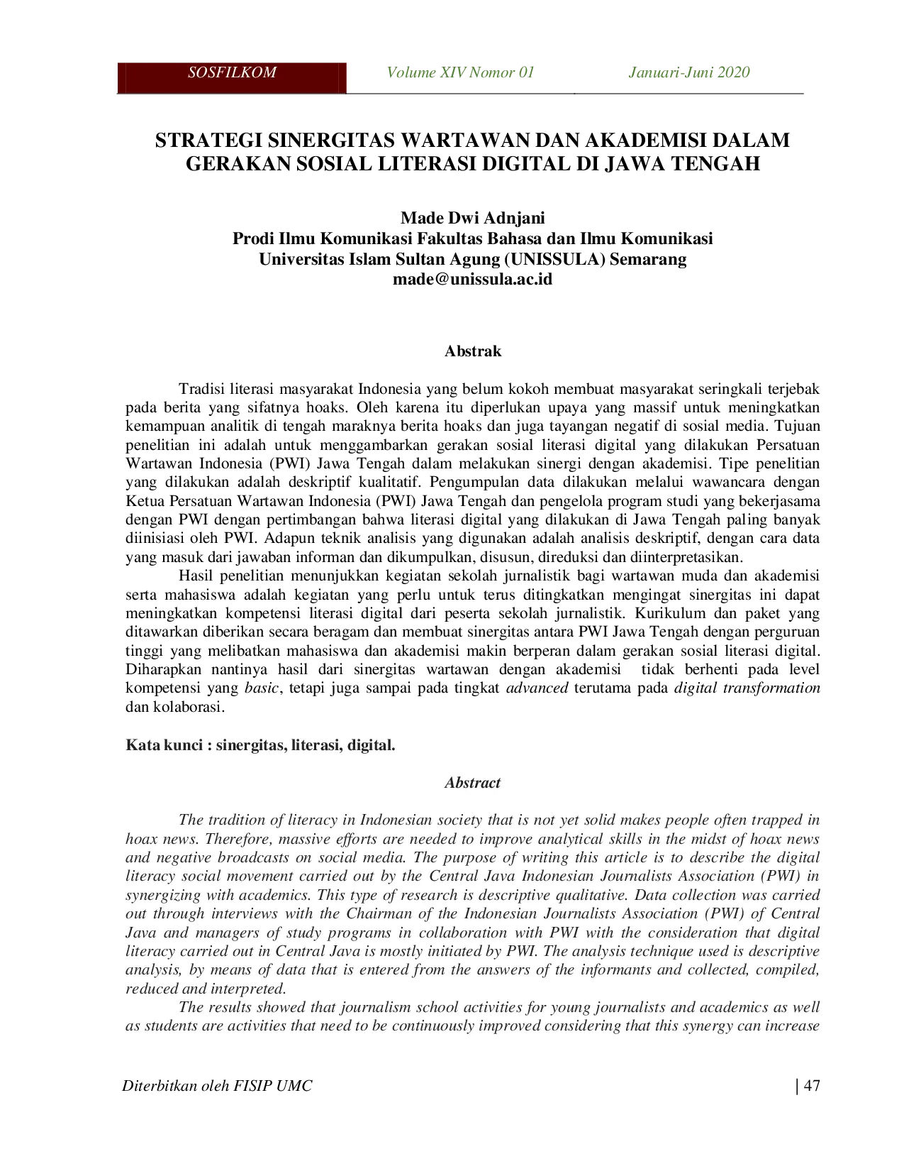 JURIS Strategi Sinergitas Wartawan Dan Akademisi Dalam Gerakan Sosial Literasi Digital Di Jawa Tengah