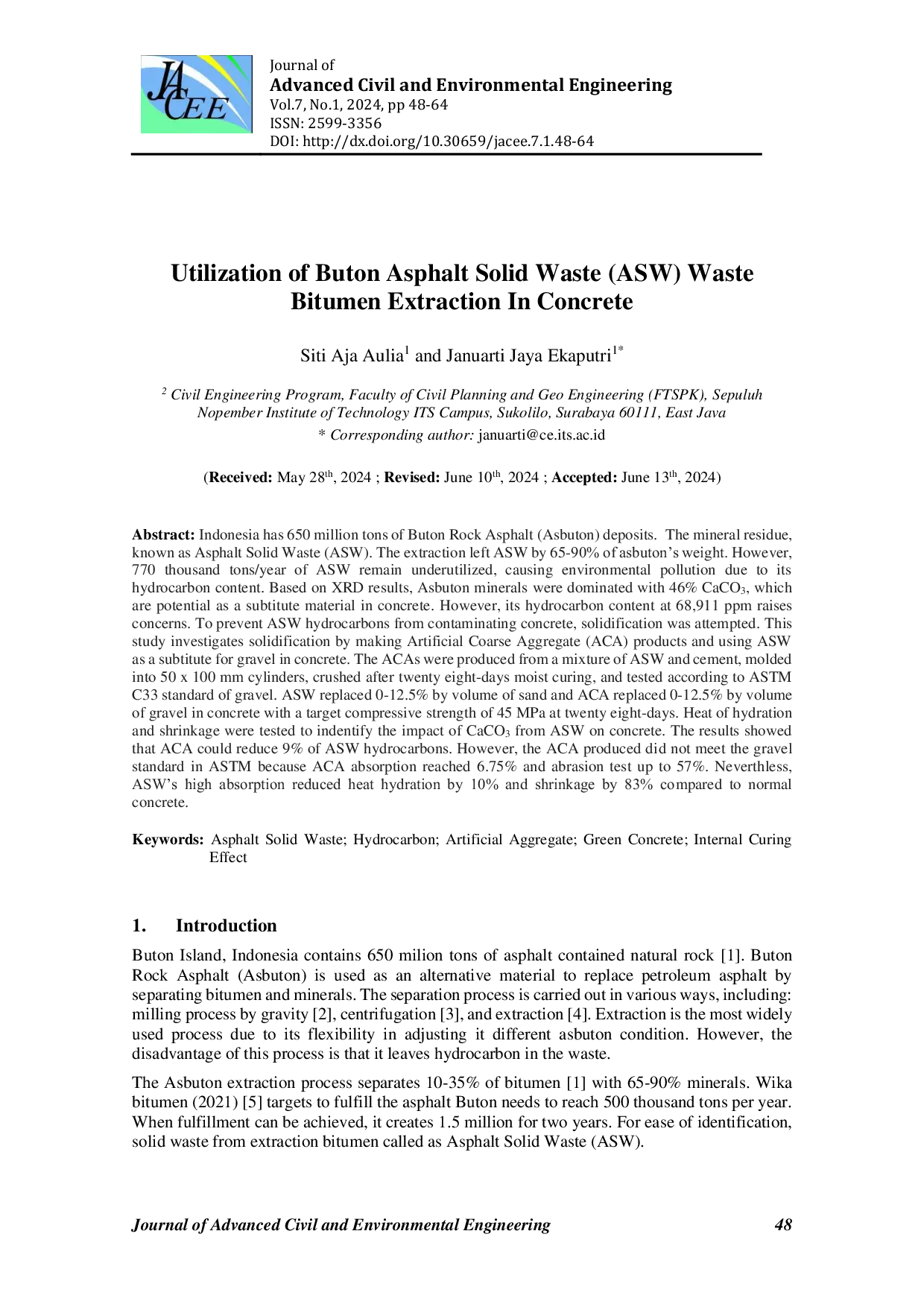 JURIS Utilization Of Buton Asphalt Solid Waste ASW Waste Bitumen Extraction In Concrete