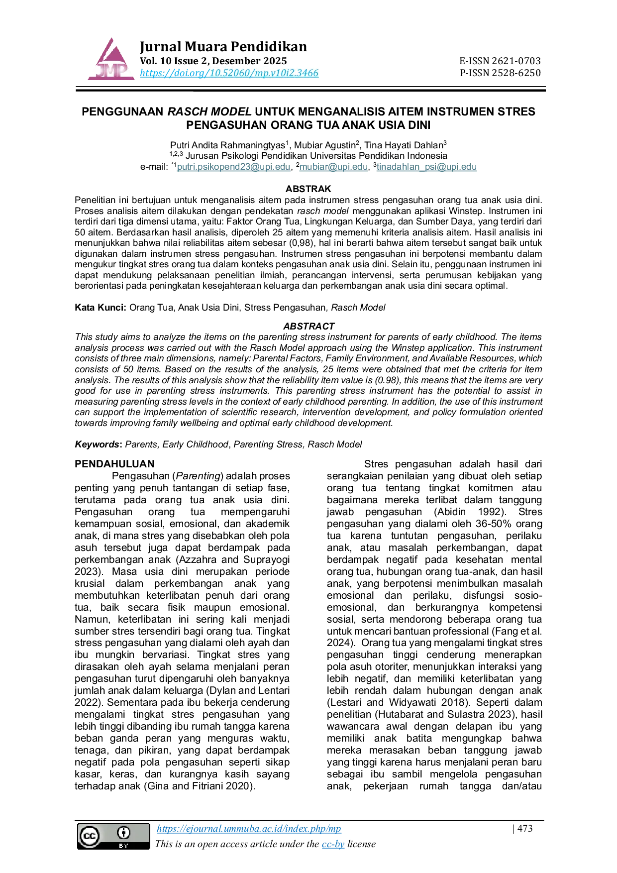 JURIS Penggunaan Rasch Model Untuk Menganalisis Aitem Instrumen Stres Pengasuhan Orang Tua Anak Usia Dini