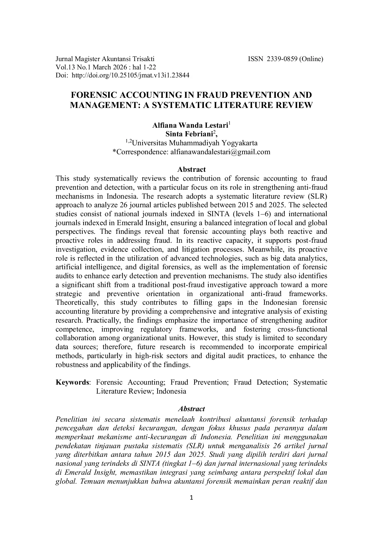 JURIS Forensic Accounting in Fraud Prevention and Management A Systematic Literature Review