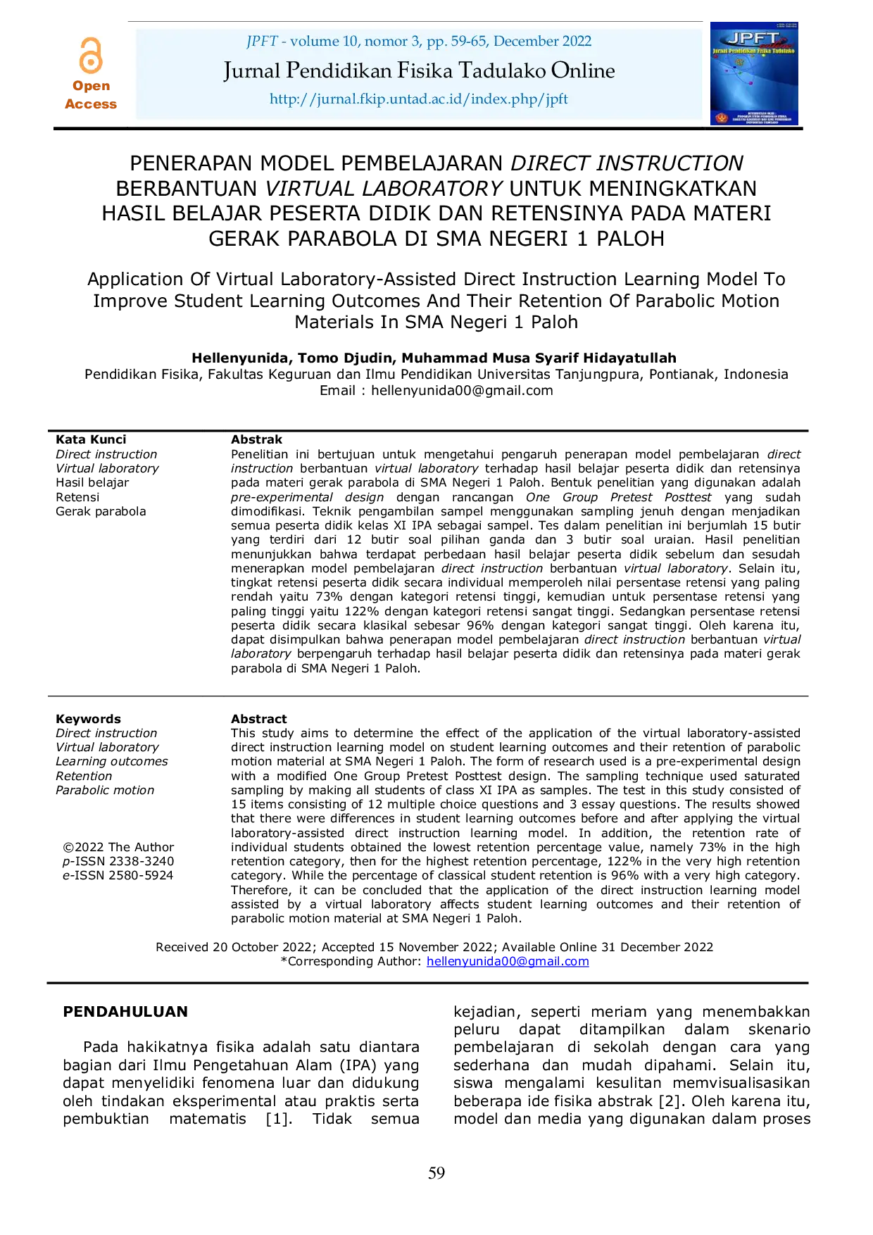 JURIS Penerapan Model Pembelajaran Direct Instruction Berbantuan Virtual Laboratory Untuk Meningkatkan Hasil Belajar Peserta Didik Dan Retensinya Pada Materi Gerak Parabola Di Sma Negeri 1 Paloh
