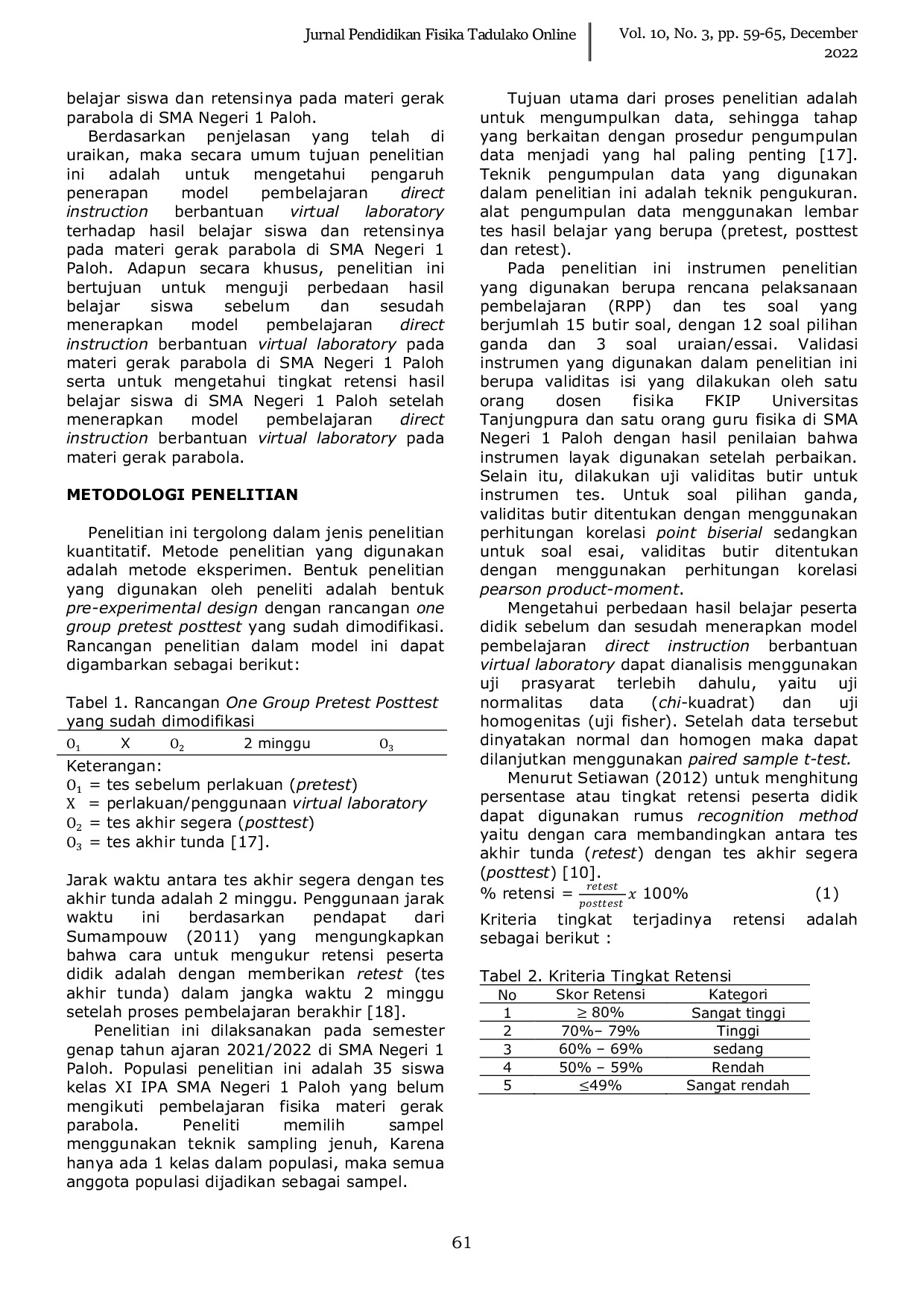 JURIS Penerapan Model Pembelajaran Direct Instruction Berbantuan Virtual Laboratory Untuk Meningkatkan Hasil Belajar Peserta Didik Dan Retensinya Pada Materi Gerak Parabola Di Sma Negeri 1 Paloh