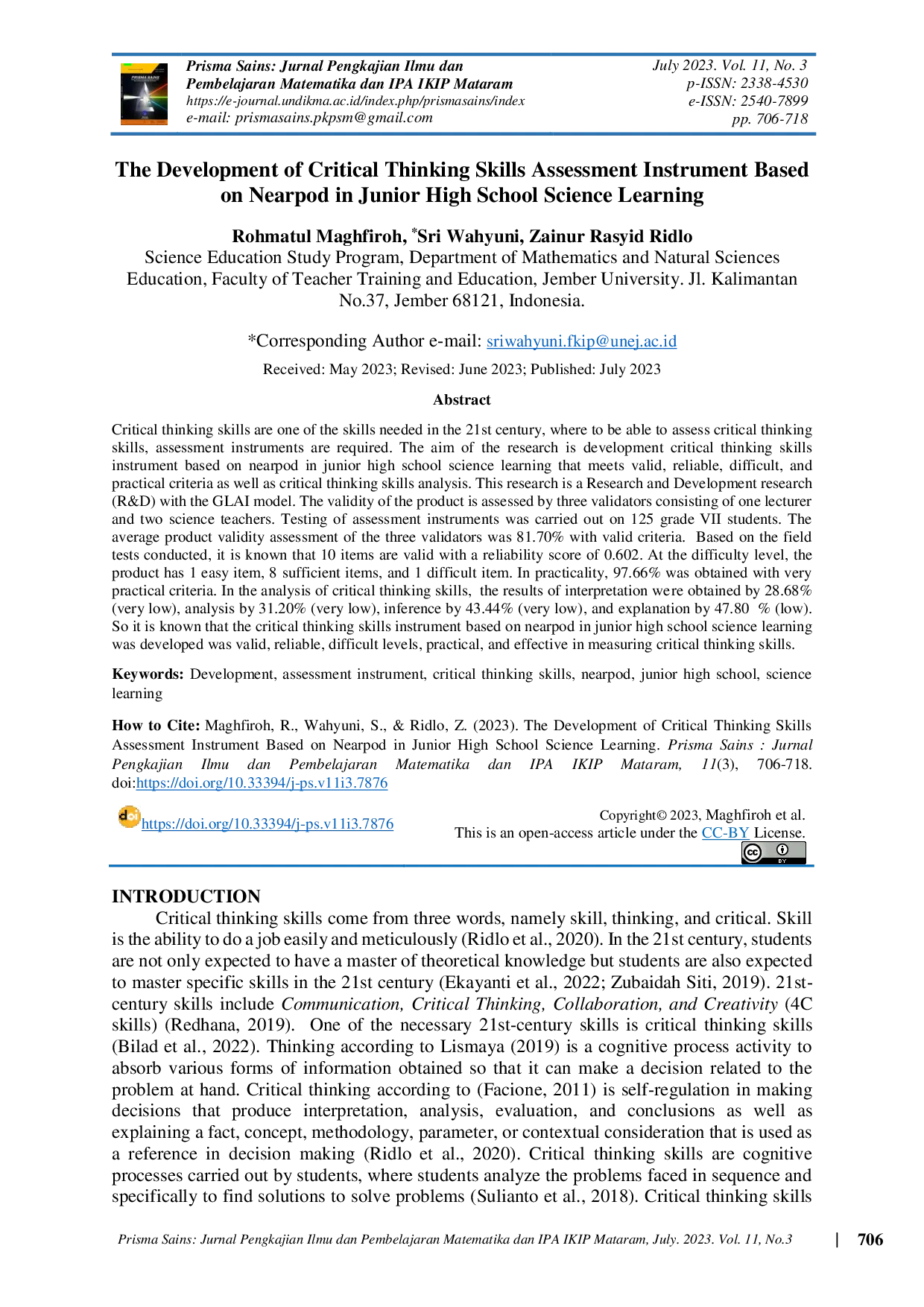 JURIS The Development of Critical Thinking Skills Assessment Instrument Based on Nearpod in Junior High School Science Learning
