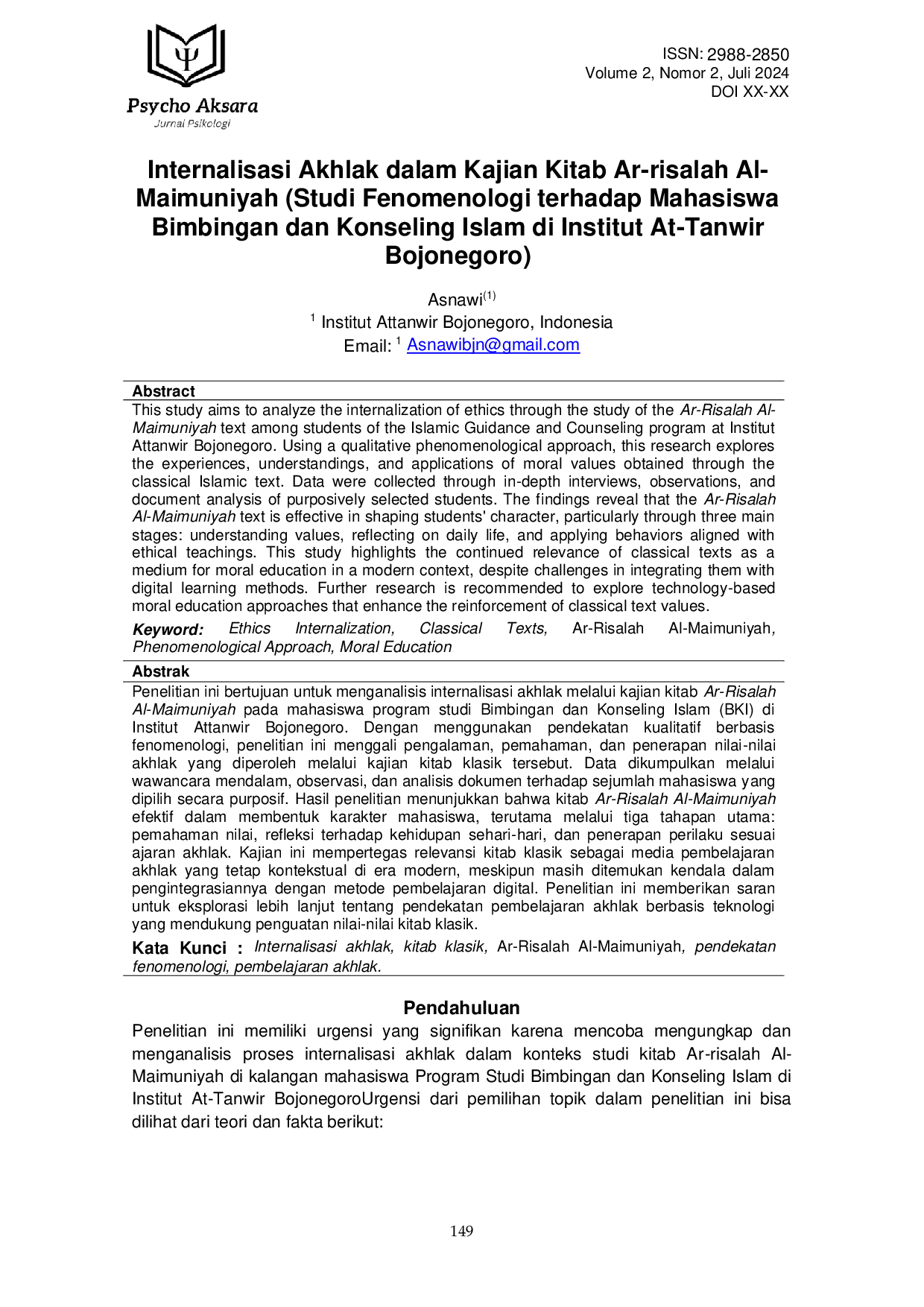 JURIS Internalisasi Akhlak dalam Kajian Kitab Ar risalah Al Maimuniyah Studi Fenomenologi terhadap Mahasiswa Bimbingan dan Konseling Islam di Institut At Tanwir Bojonegoro
