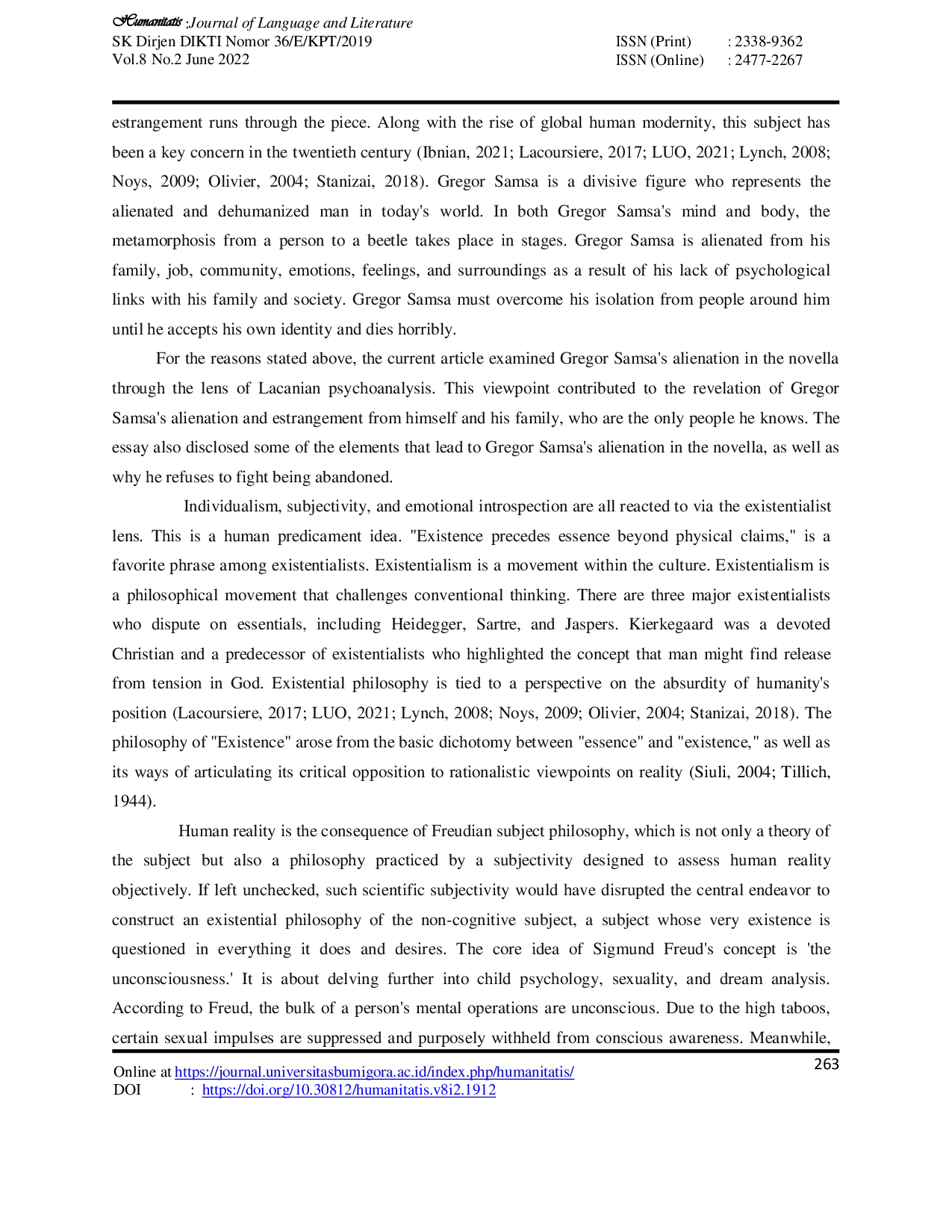 JURIS Gregor Samsa s Self Alienation in Franz Kafka s Metamorphosis Lacanian Psychoanalysis