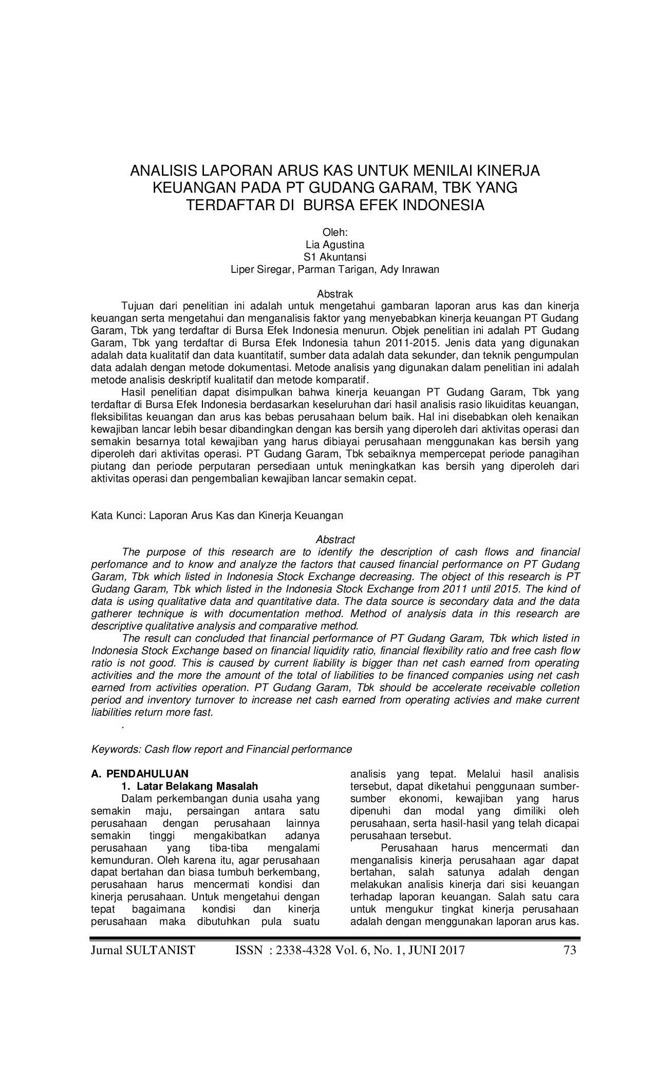 JURIS Analisis Laporan Arus Kas untuk Menilai Kinerja Keuangan pada PT Gudang Garam Tbk yang Terdaftar di Bursa Efek Indonesia