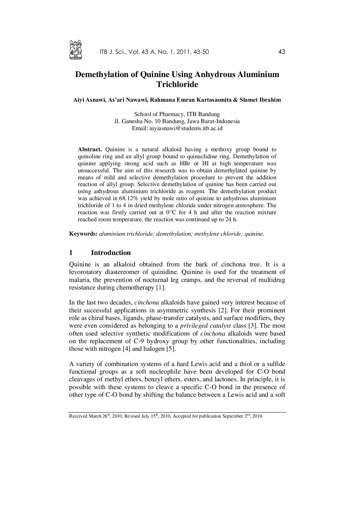 JURIS Demethylation of Quinine Using Anhydrous Aluminium Trichloride