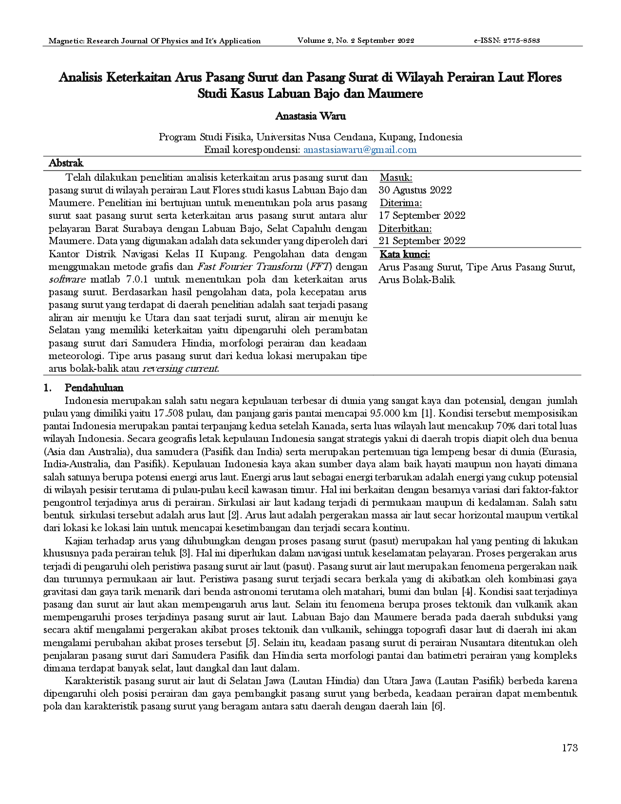 juris Analisis Keterkaitan Arus Pasang Surut dan Pasang Surut di Wilayah Perairan Laut Flores Studi Kasus Labuan Bajo dan Maumere