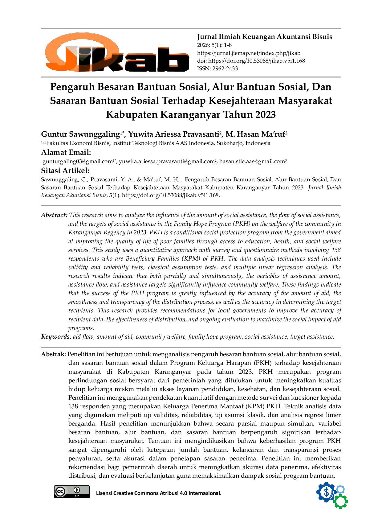 JURIS Pengaruh Besaran Bantuan Sosial Alur Bantuan Sosial Dan Sasaran Bantuan Sosial Terhadap Kesejahteraan Masyarakat Kabupaten Karanganyar Tahun 2023