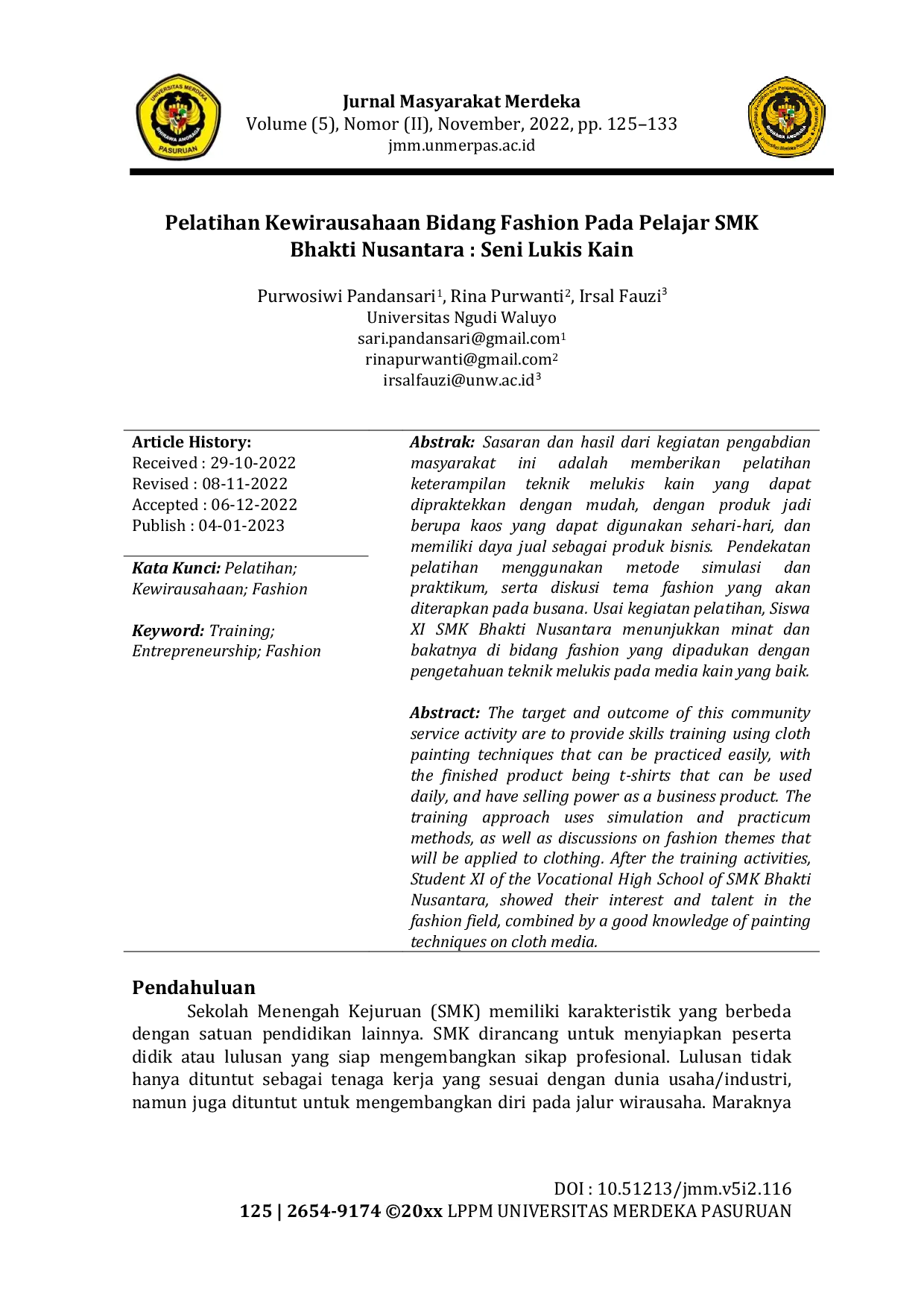 JURIS Pelatihan Kewirausahaan Bidang Fashion Pada Pelajar SMK Bhakti Nusantara Seni Lukis Kain