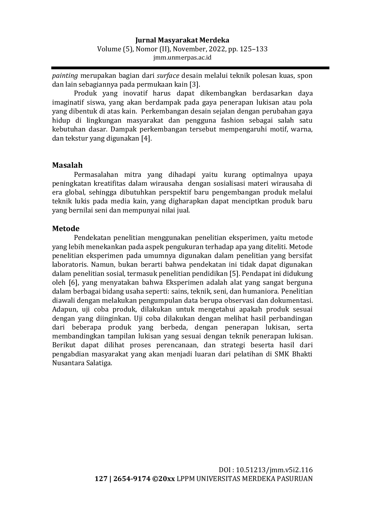 JURIS Pelatihan Kewirausahaan Bidang Fashion Pada Pelajar SMK Bhakti Nusantara Seni Lukis Kain