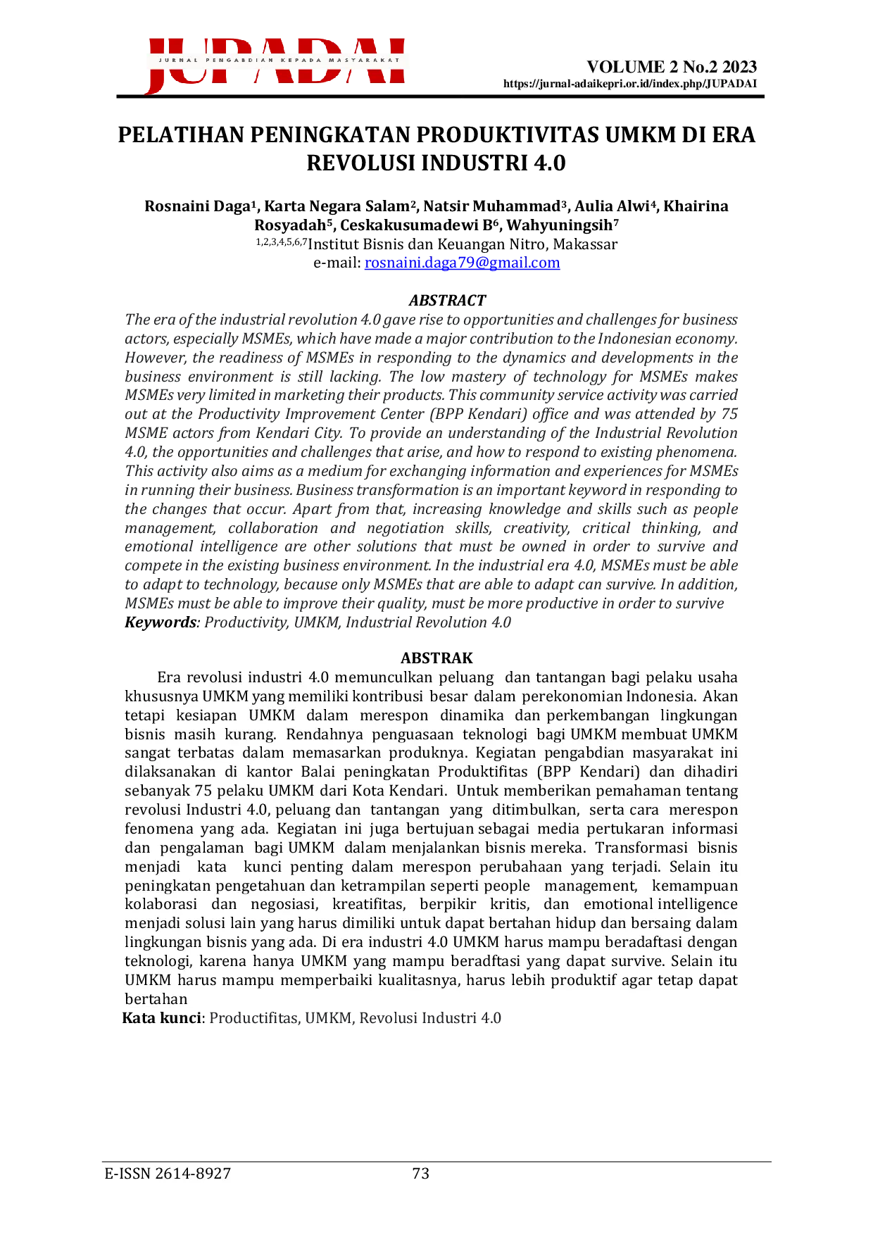 JURIS Pelatihan Peningkatan Produktivitas UMKM di Era Revolusi Industri 4 0