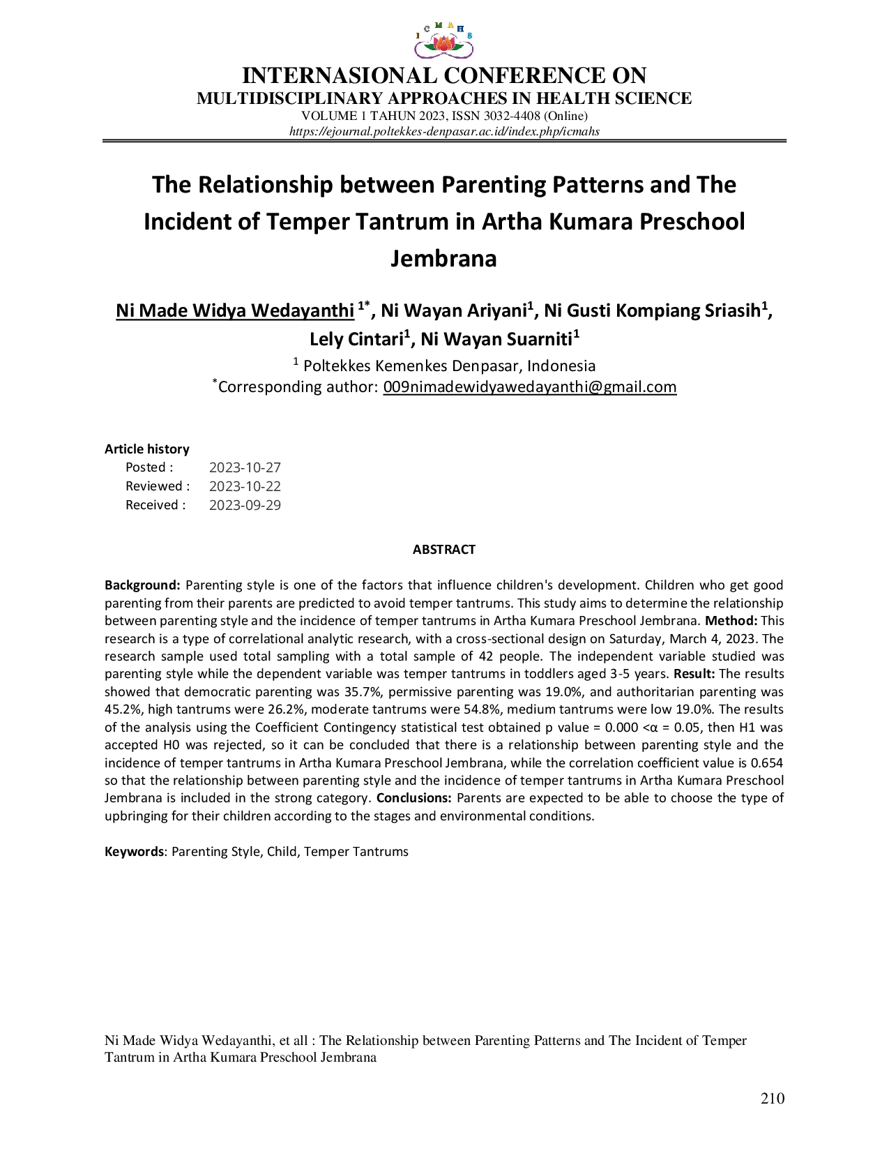 JURIS The Relationship between Parenting Patterns and The Incident of Temper Tantrum in Artha Kumara Preschool Jembrana