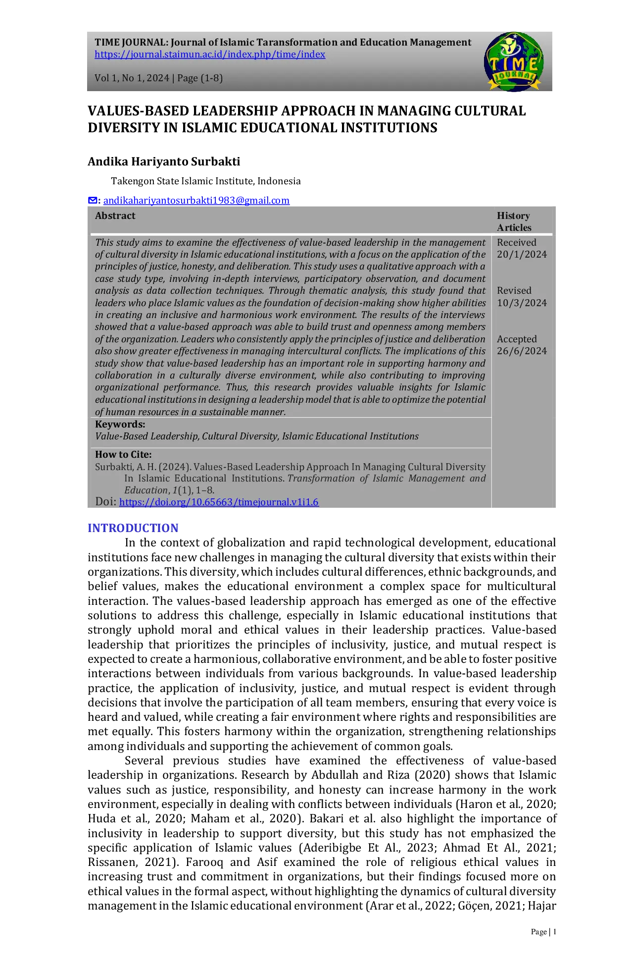 JURIS Values Based Leadership Approach In Managing Cultural Diversity In Islamic Educational Institutions