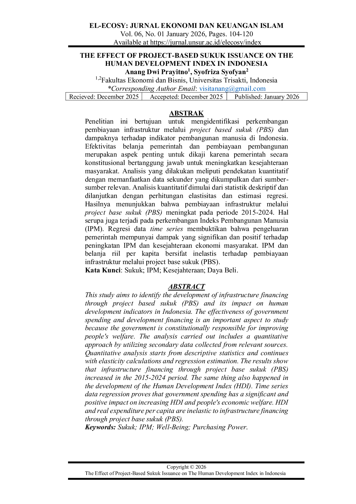 JURIS Dampak Penerbitan Sukuk Berbasis Proyek Terhadap Indeks Pembangunan Manusia di Indonesia