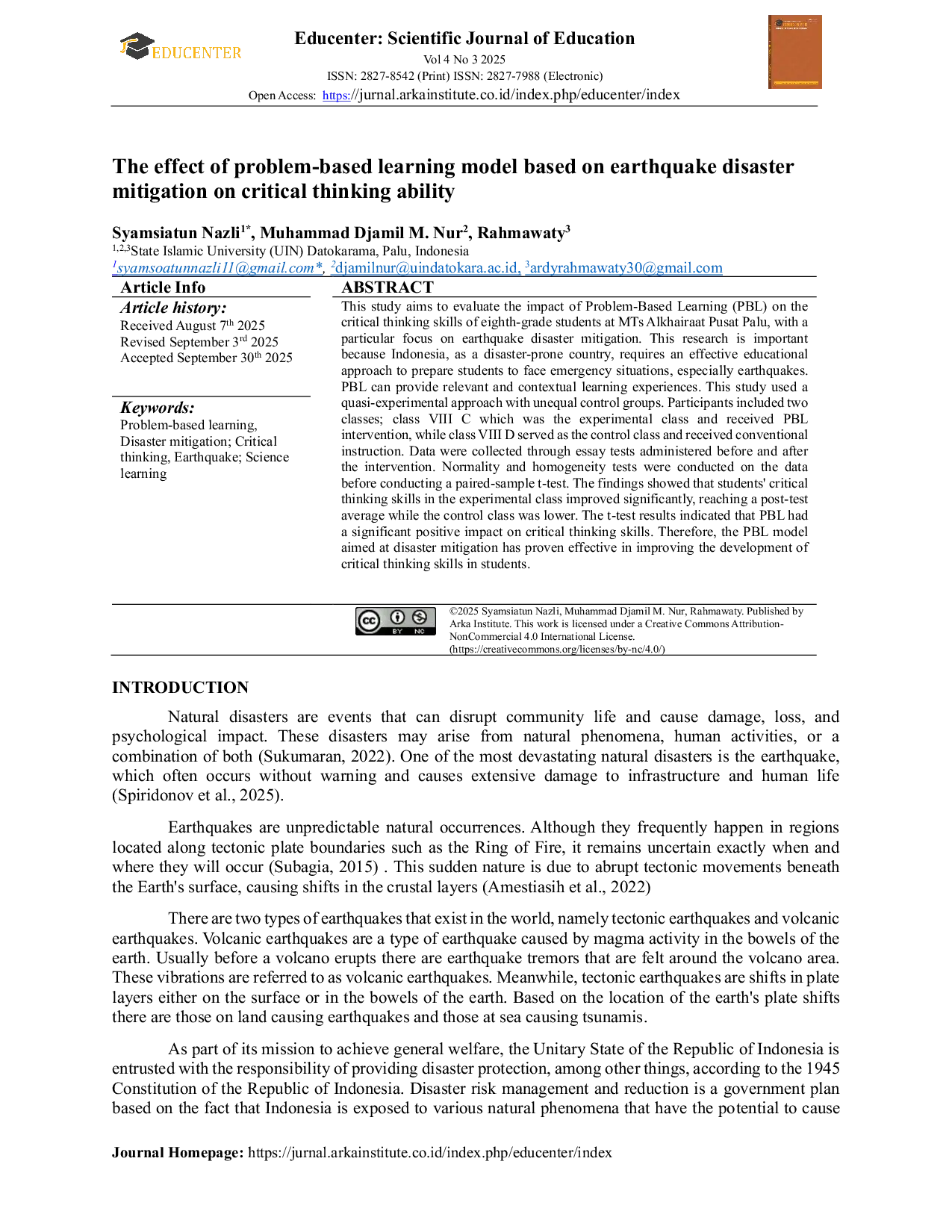 JURIS The effect of problem based learning model based on earthquake disaster mitigation on critical thinking ability