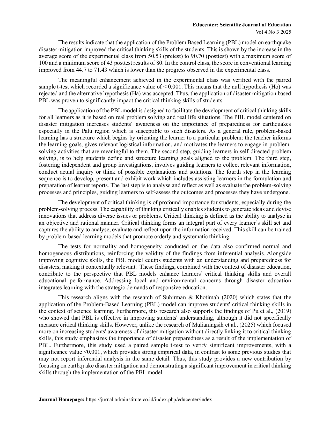 JURIS The effect of problem based learning model based on earthquake disaster mitigation on critical thinking ability