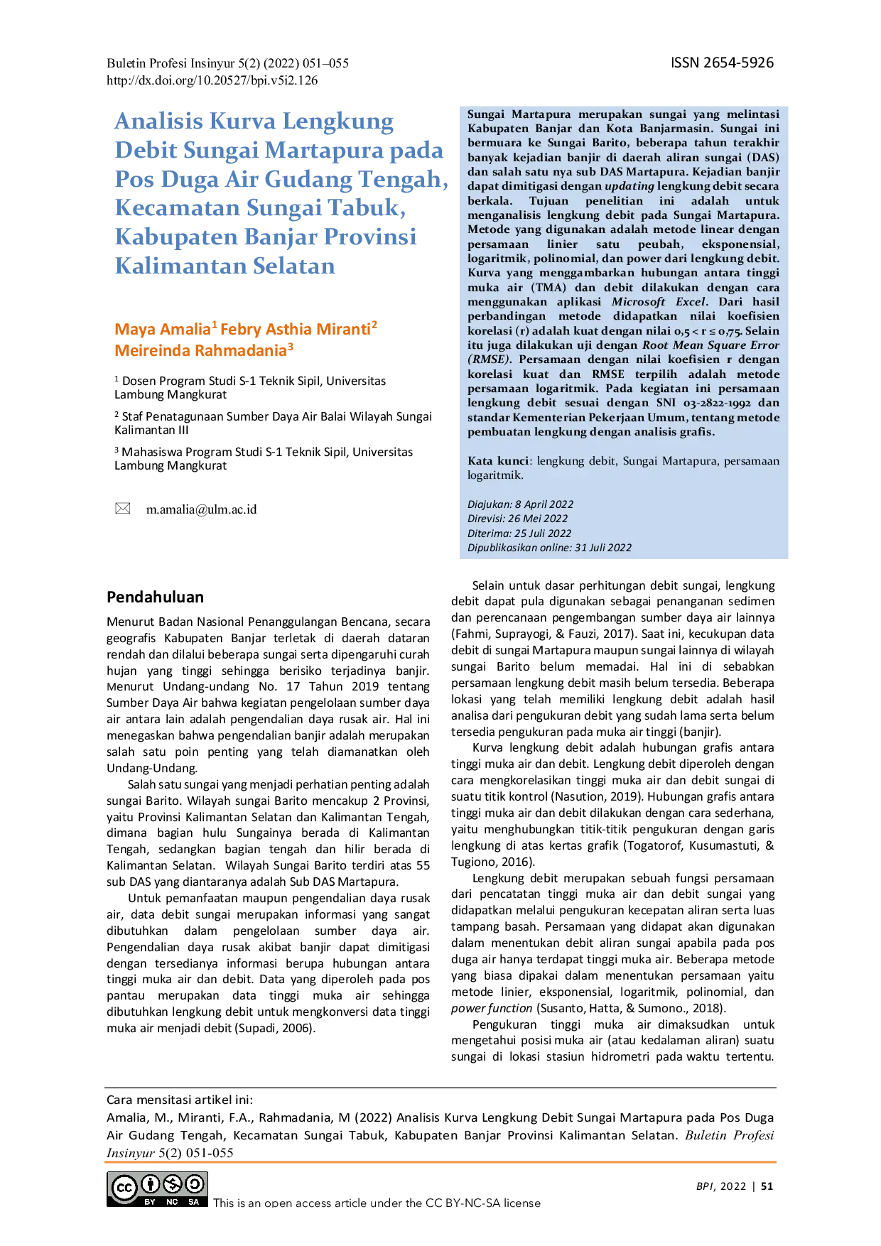 JURIS Analisis Kurva Lengkung Debit Sungai Martapura pada Pos Duga Air Gudang Tengah Kecamatan Sungai Tabuk Kabupaten Banjar Provinsi Kalimantan Selatan