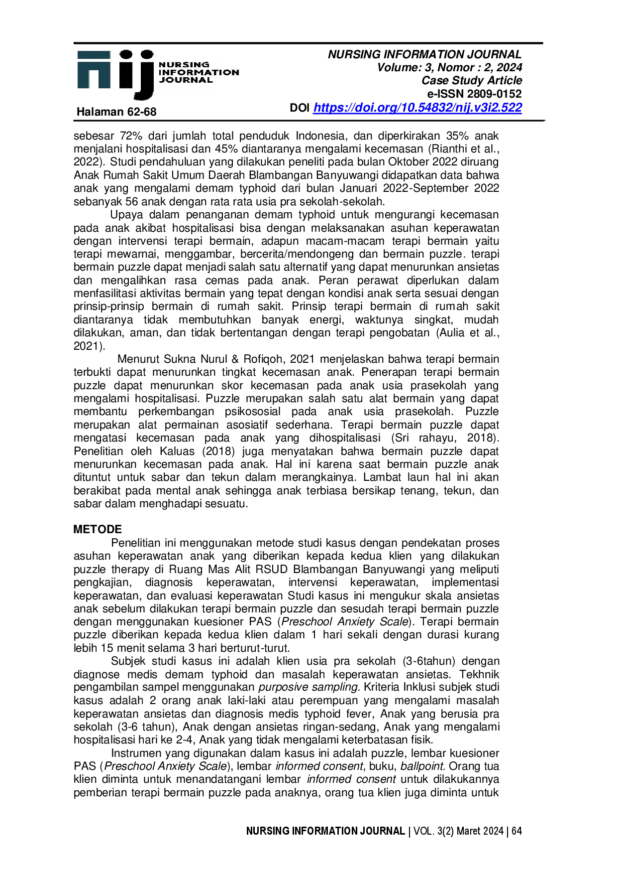 juris Penerapan Puzzle Therapy Pada Asuhan Keperawatan Anak Typhoid dengan Masalah Keperawatan Ansietas