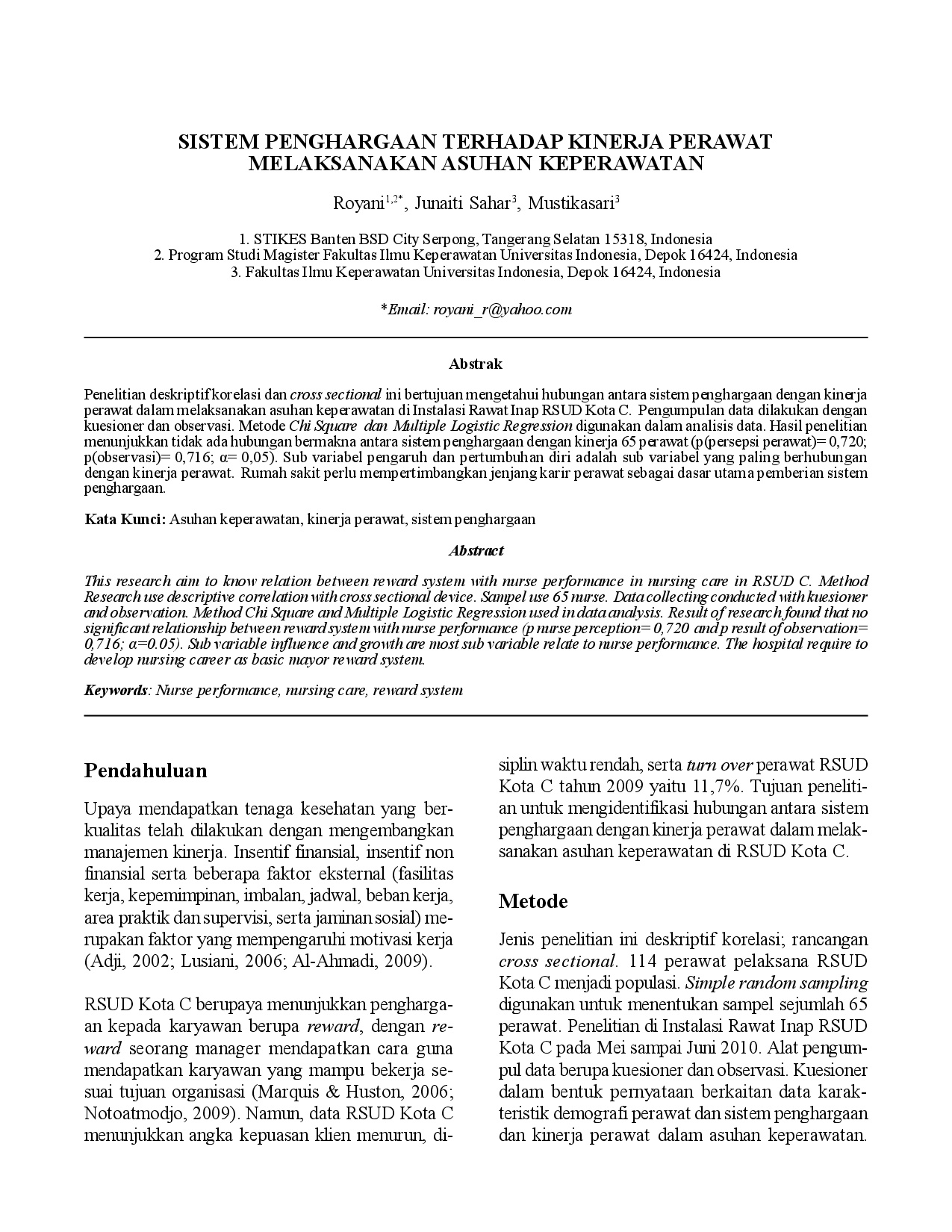 juris Sistem Penghargaan Terhadap Kinerja Perawat Melaksanakan Asuhan Keperawatan