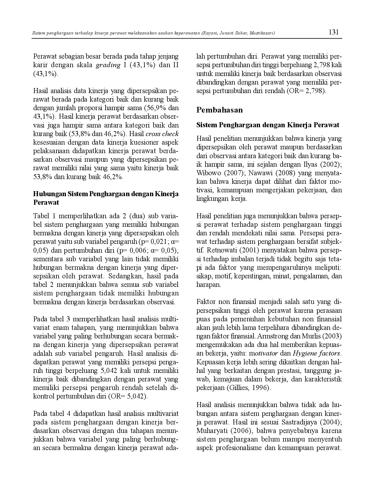 juris Sistem Penghargaan Terhadap Kinerja Perawat Melaksanakan Asuhan Keperawatan