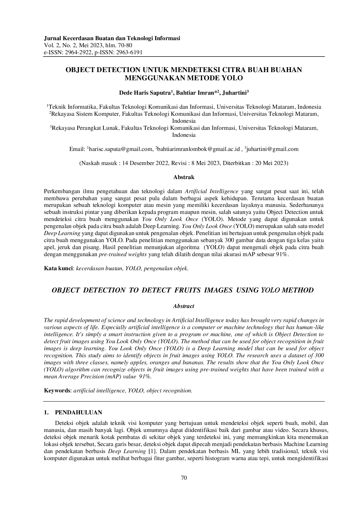 juris Object Detection Untuk Mendeteksi Citra Buah Buahan Menggunakan Metode Yolo