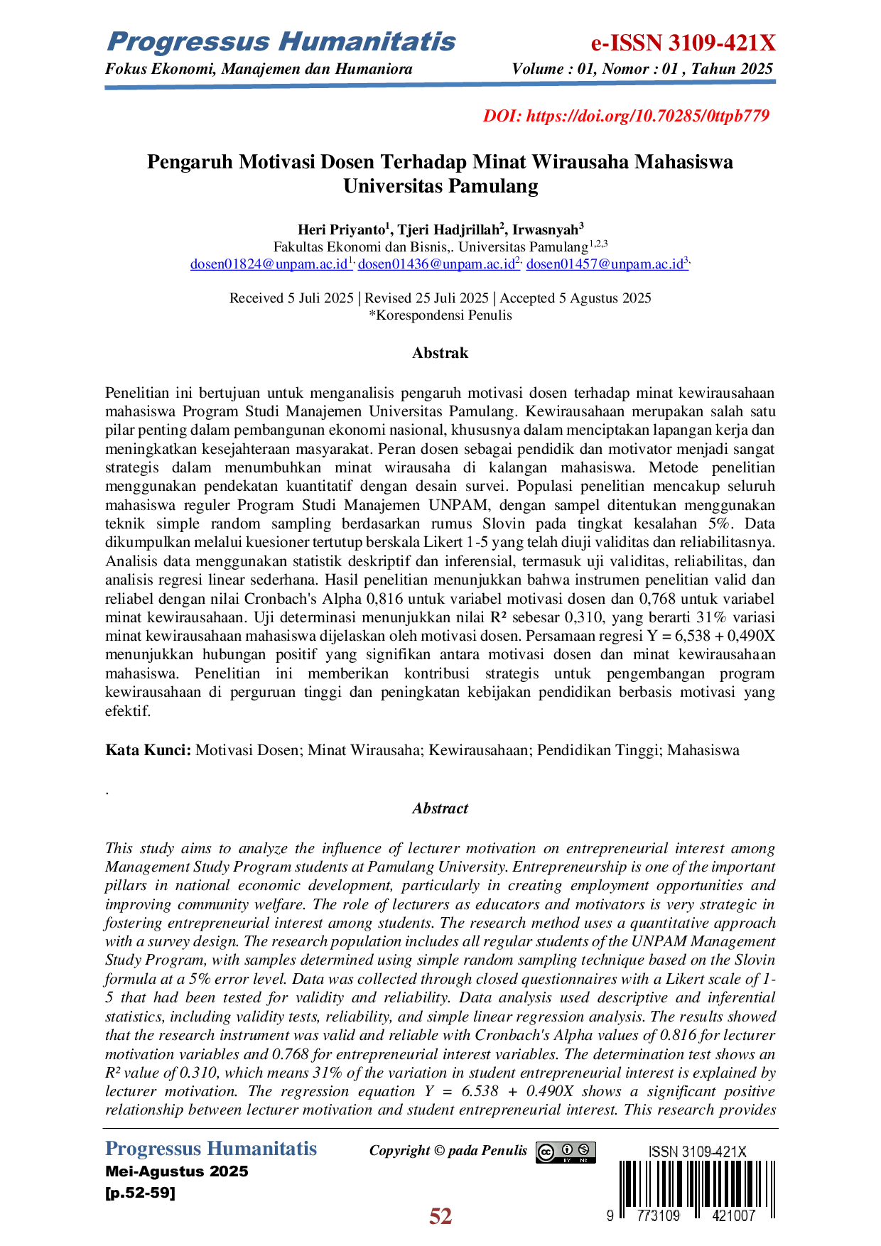 JURIS Pengaruh Motivasi Dosen Terhadap Minat Wirausaha Mahasiswa Universitas Pamulang