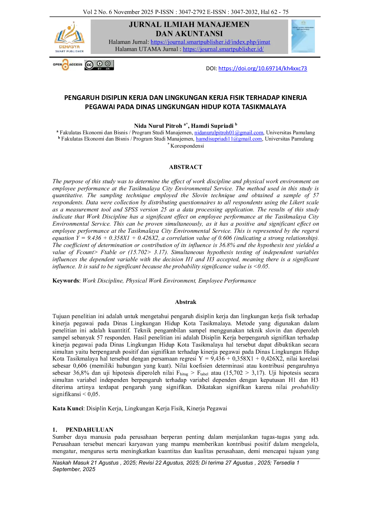 JURIS Pengaruh Disiplin Kerja Dan Lingkungan Kerja Fisik Terhadap Kinerja Pegawai Pada Dinas Lingkungan Hidup Kota Tasikmalaya