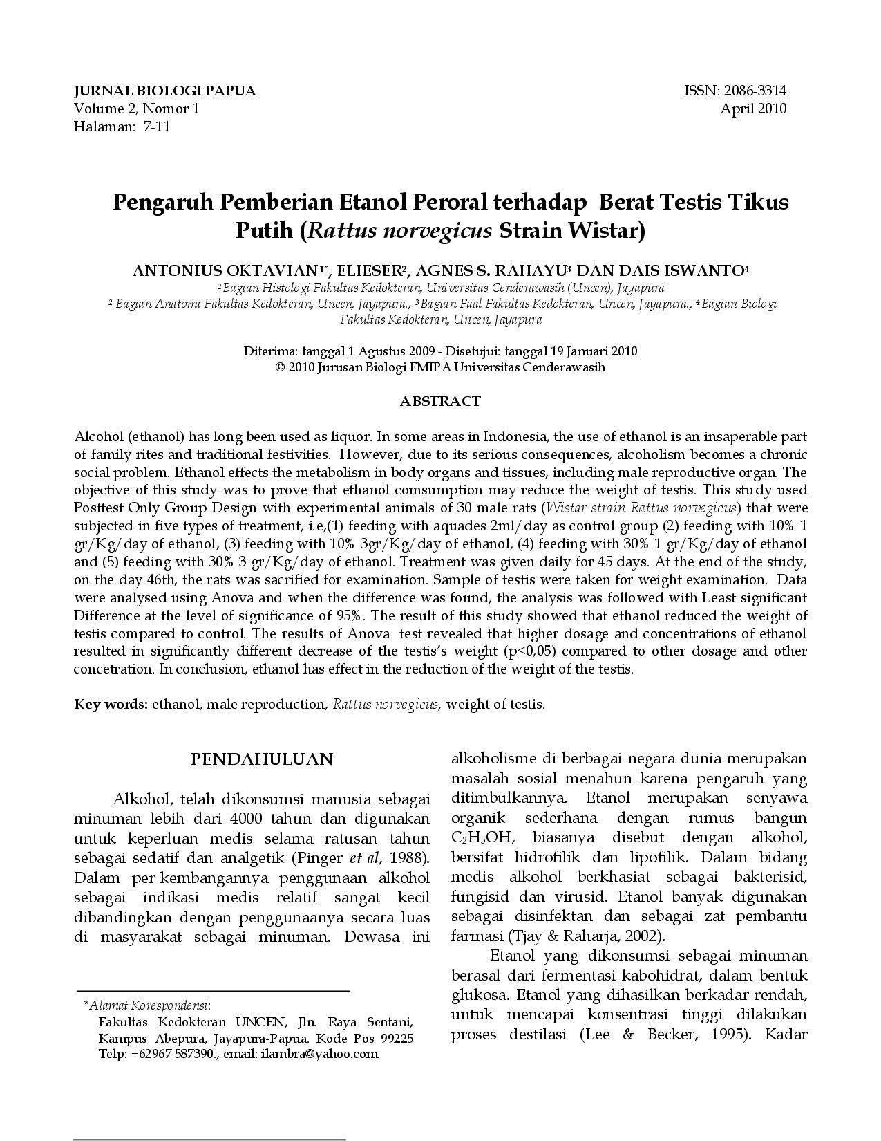 juris Pengaruh Pemberian Etanol Peroral terhadap Berat Testis Tikus Putih Rattus norvegicus Strain Wistar