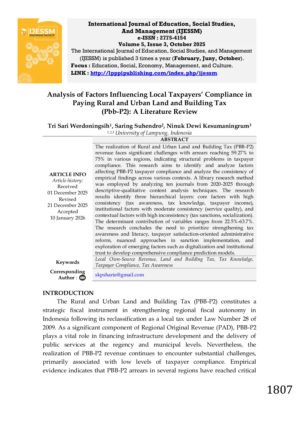 JURIS Analysis of Factors Influencing Local Taxpayers Compliance in Paying Rural and Urban Land and Building Tax Pbb P2 A Literature Review