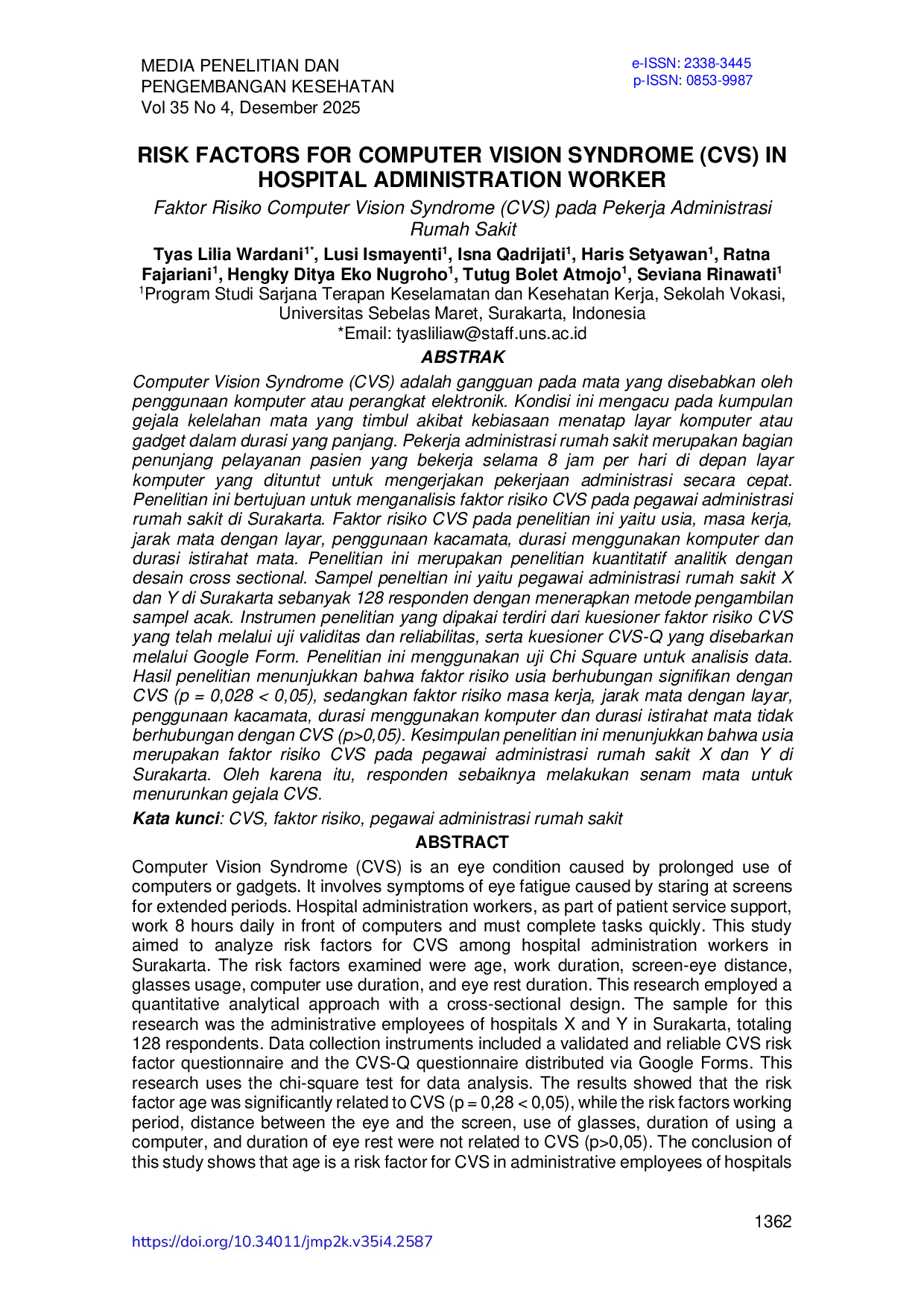 JURIS Risk Factors for Computer Vision Syndrome CVS in Hospital Administration Worker