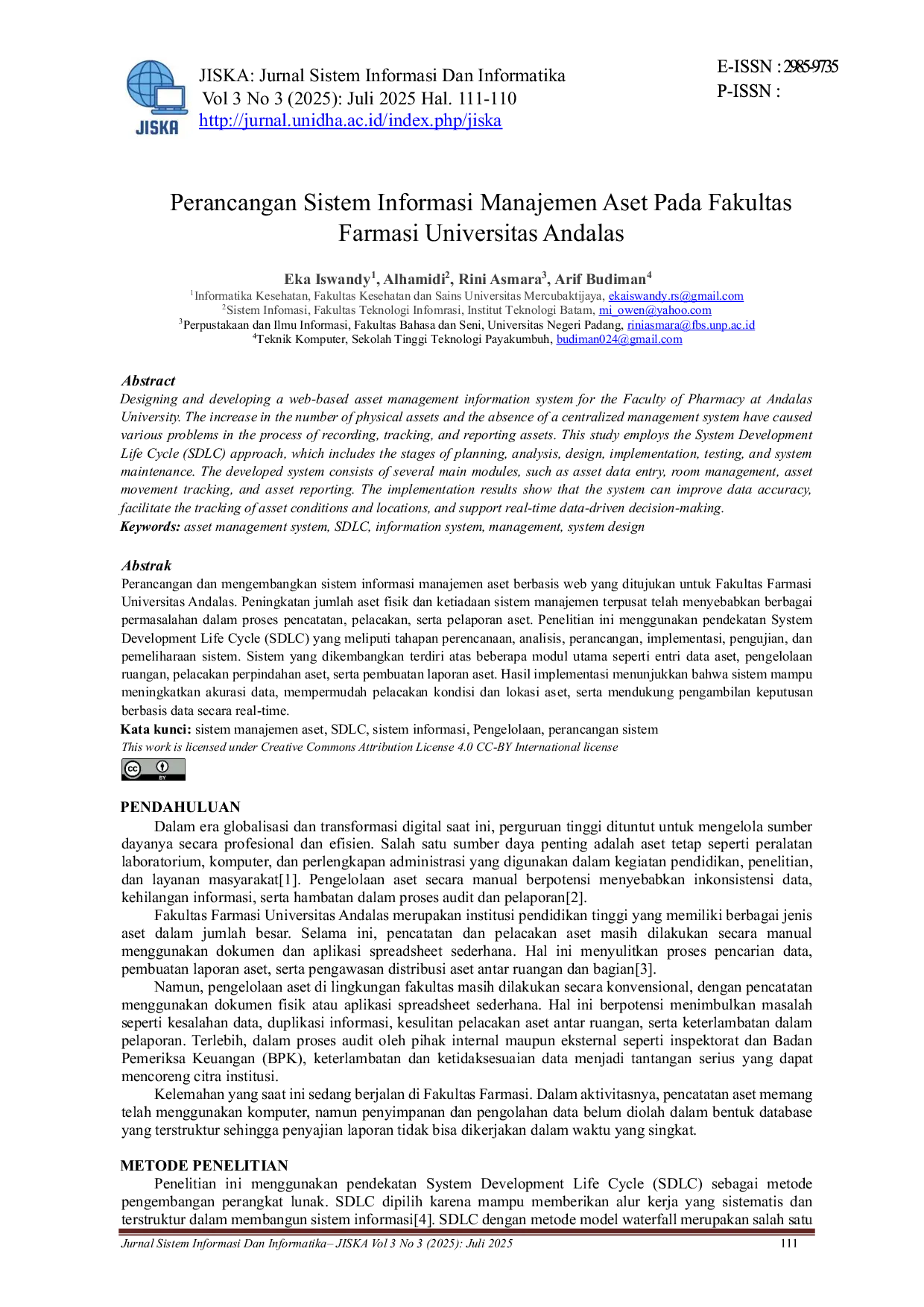 JURIS Perancangan Sistem Informasi Manajemen Aset Pada Fakultas Farmasi Universitas Andalas
