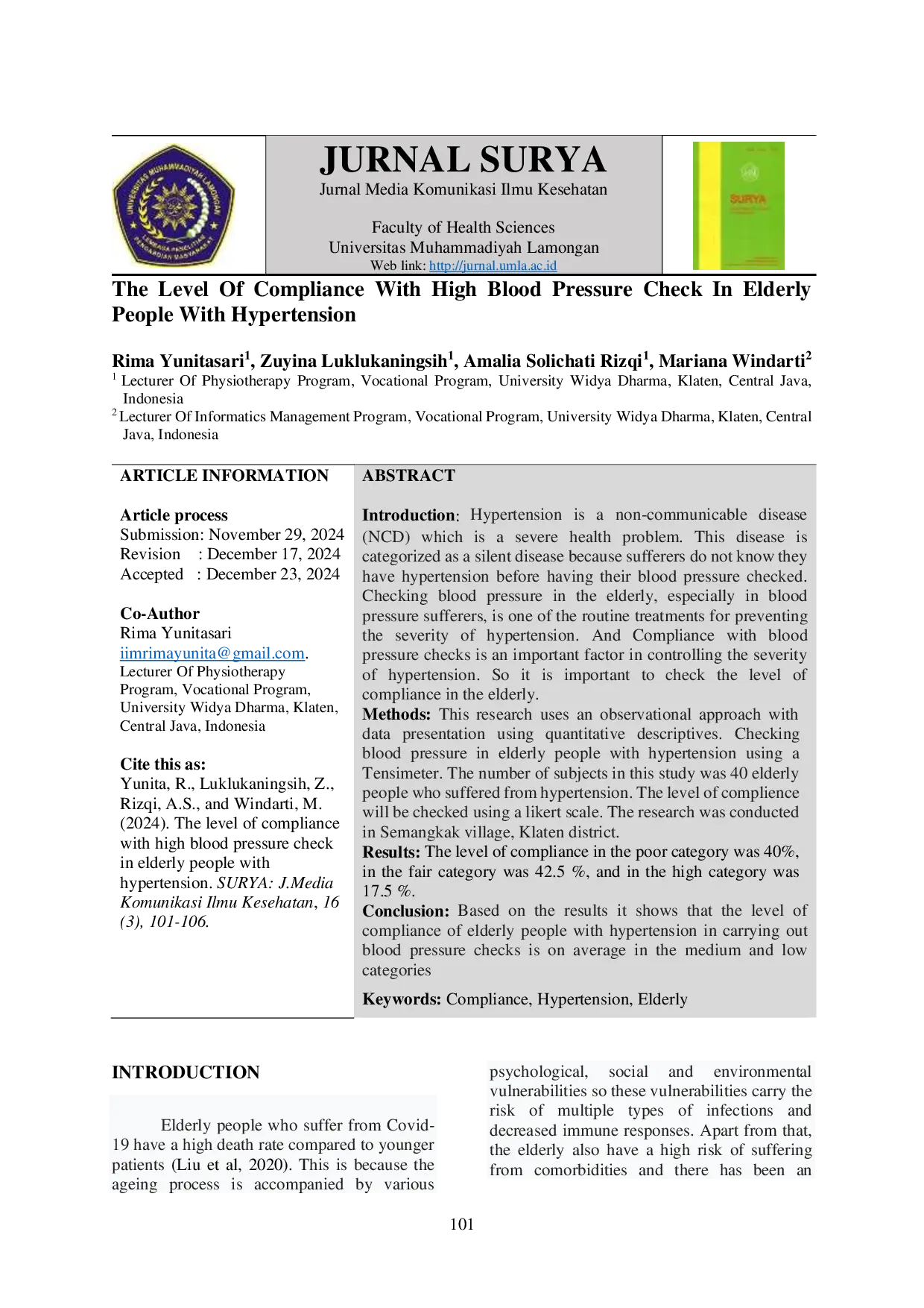 JURIS Tingkat Kepatuhan Pemeriksaan Tekanan Darah Tinggi pada Lansia dengan Hipertensi