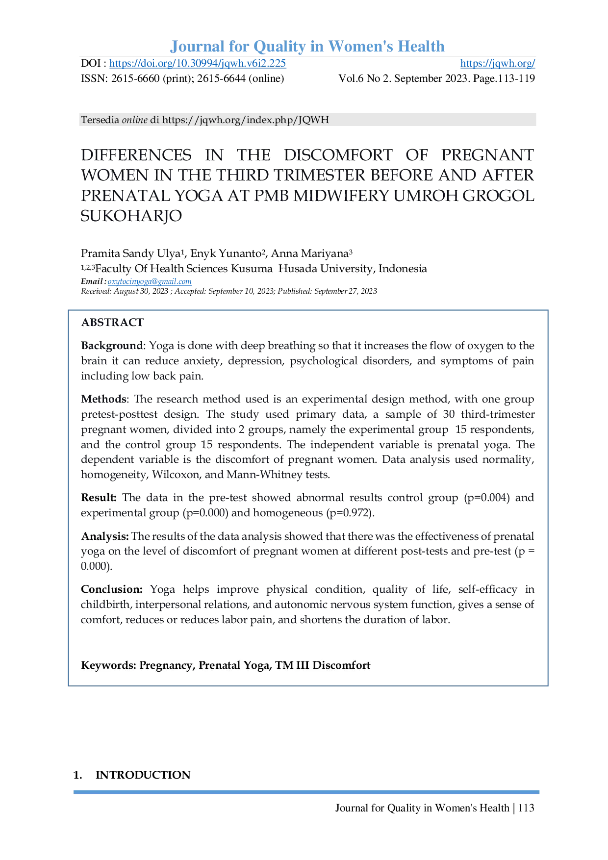 JURIS Differences In The Discomfort Of Pregnant Women In The Third Trimester Before And After Prenatal Yoga At Pmb Midwifery Umroh Grogol Sukoharjo